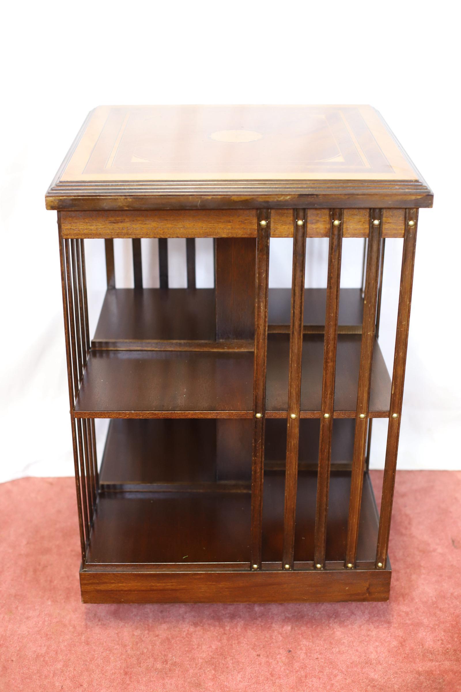 Lovely Edwardian Walnut Inlaid Revolving Bookcase For Sale 3