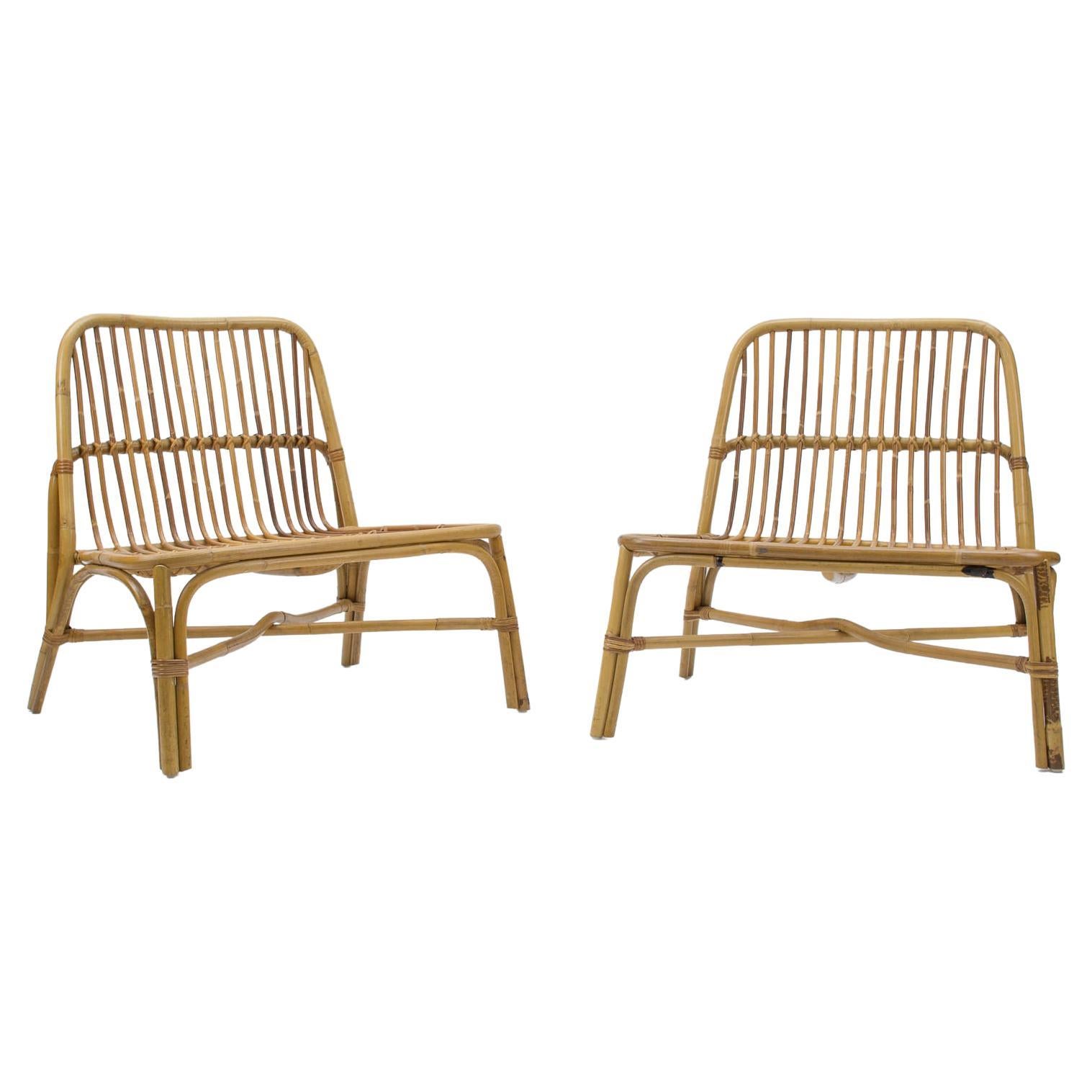 Ravissants et élégants fauteuils italiens en bambou et rotin, années 1950, lot de 2