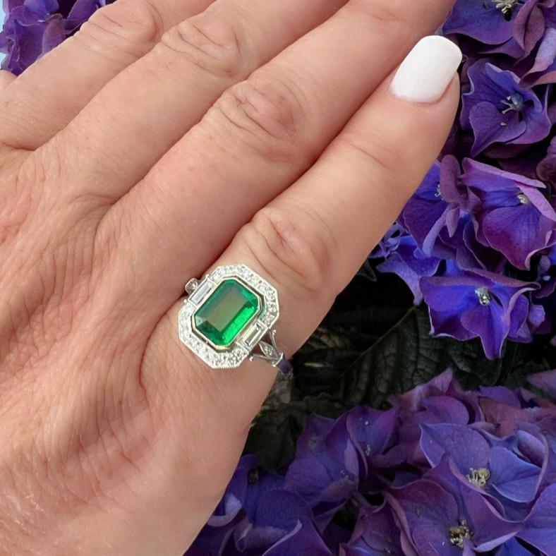 Emerald Cut Lovely Emerald, Diamond & Platinum Ring For Sale