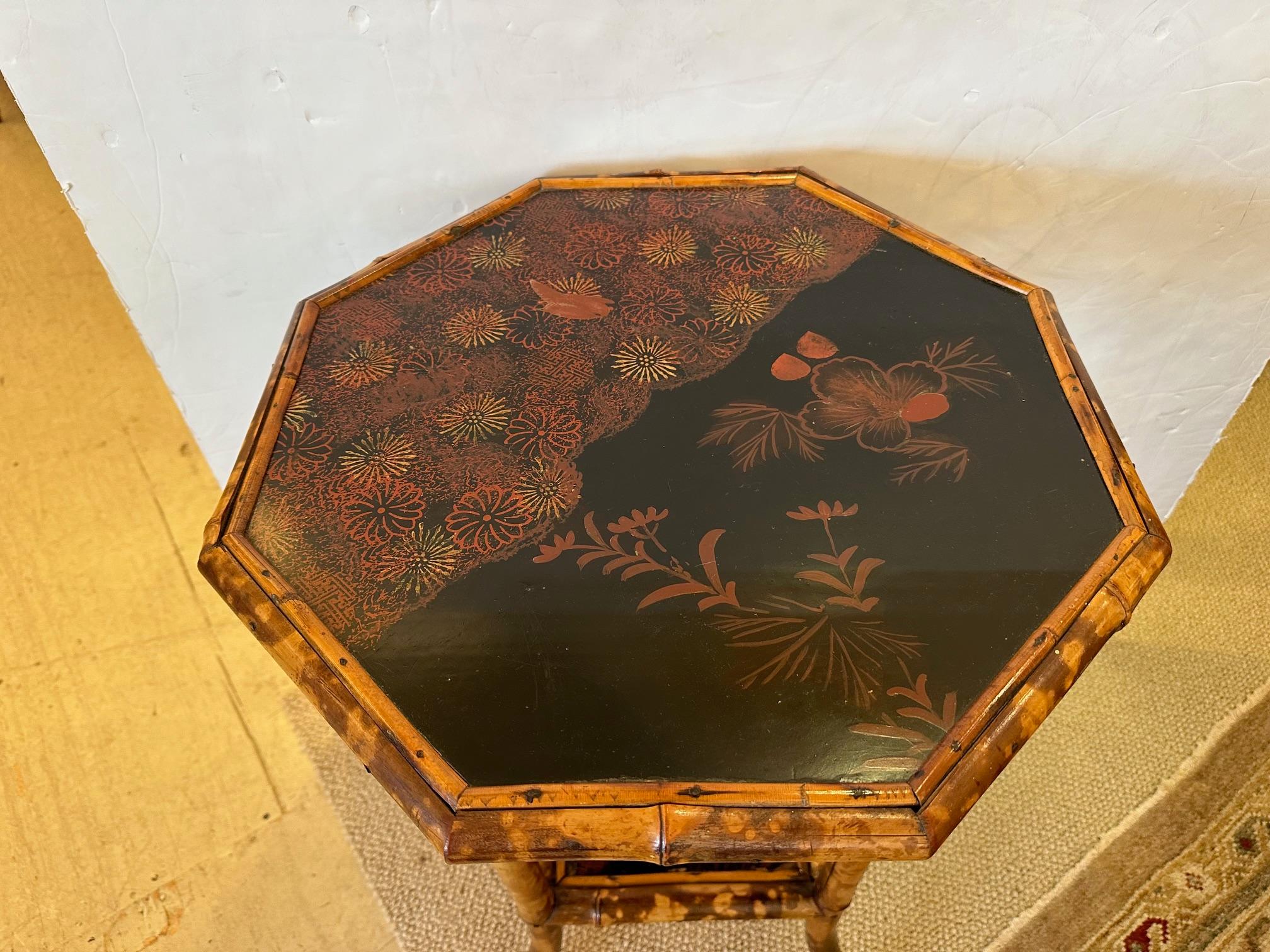 Early 20th Century Lovely English Bamboo & Painted Lacquer Octagonal Side Table For Sale