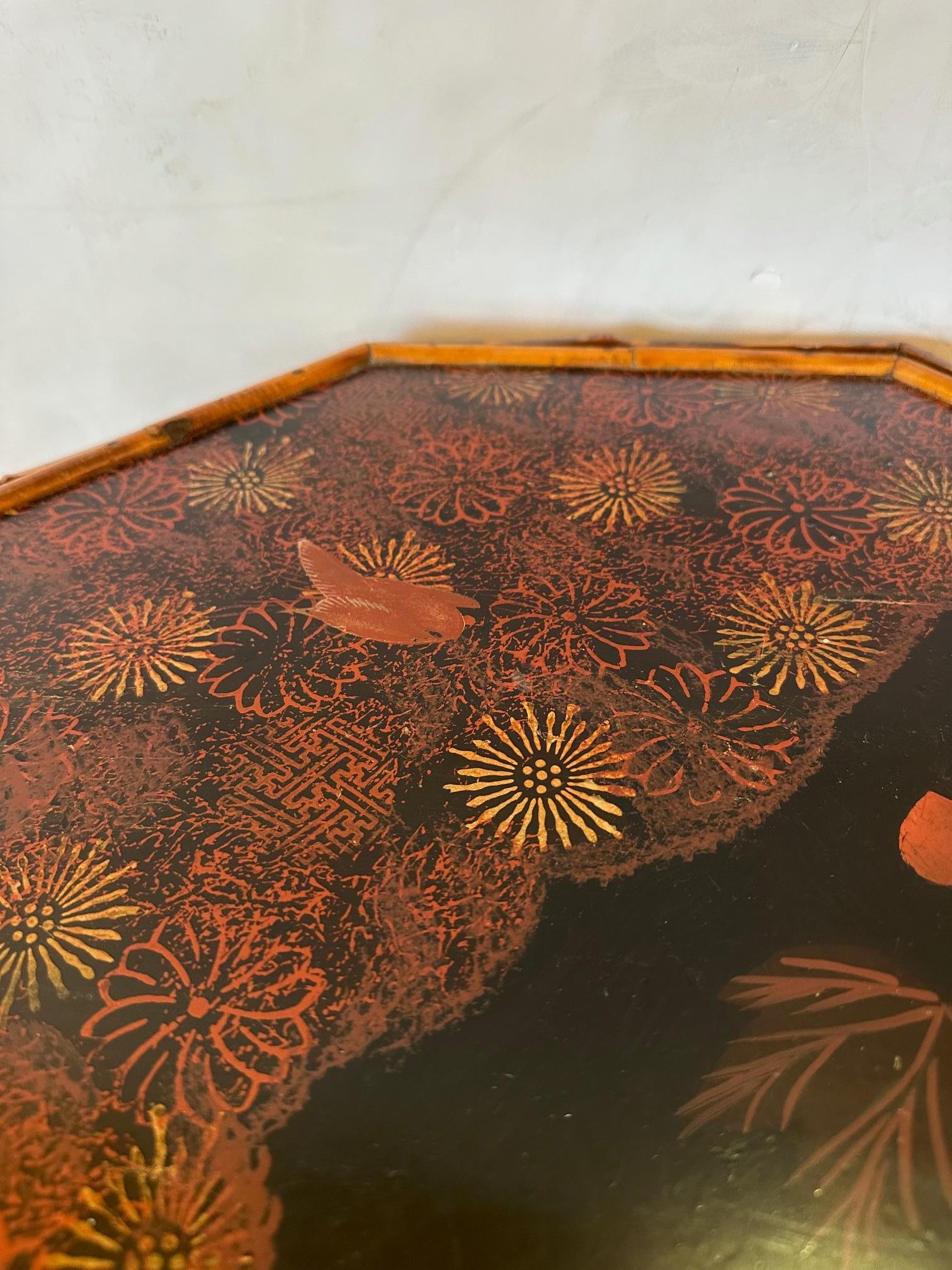 Lovely English Bamboo & Painted Lacquer Octagonal Side Table For Sale 5