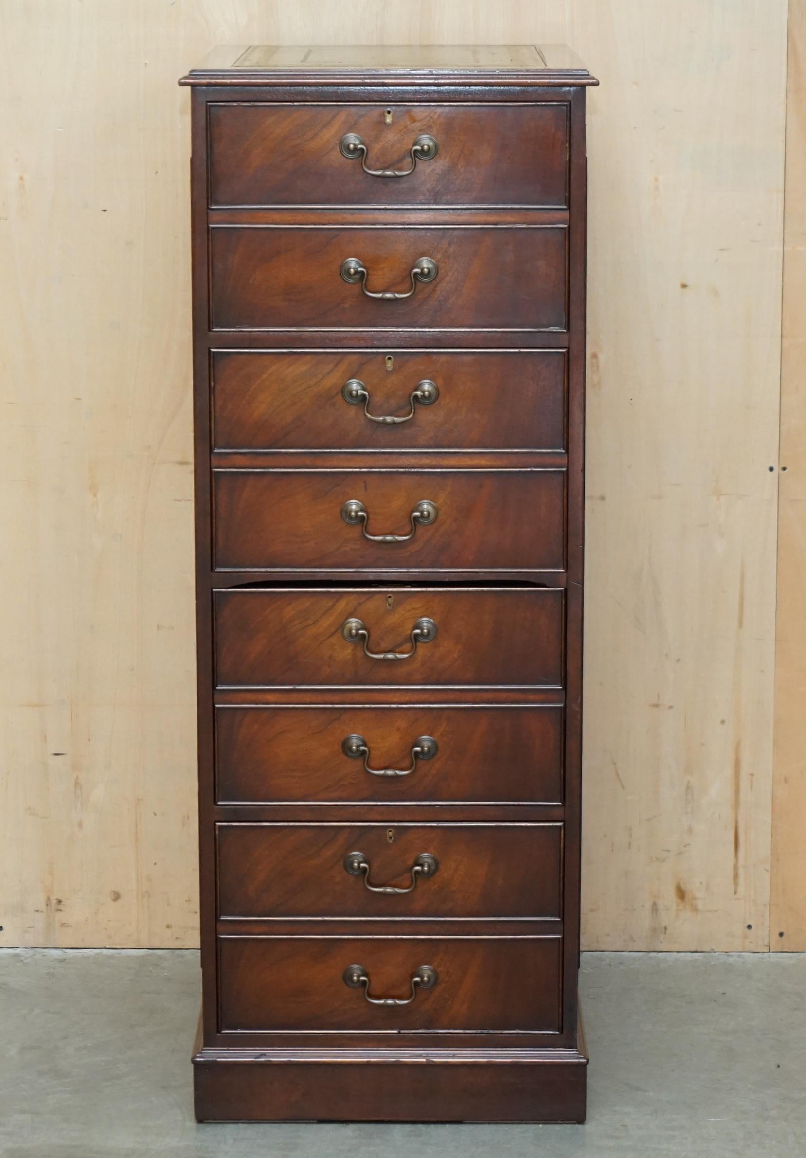 Mid-Century Modern LOVELY FLAMED HARDWOOD LARGE FOUR DRAWER FILING CABiNET WITH GREEN LEATHER TOP For Sale