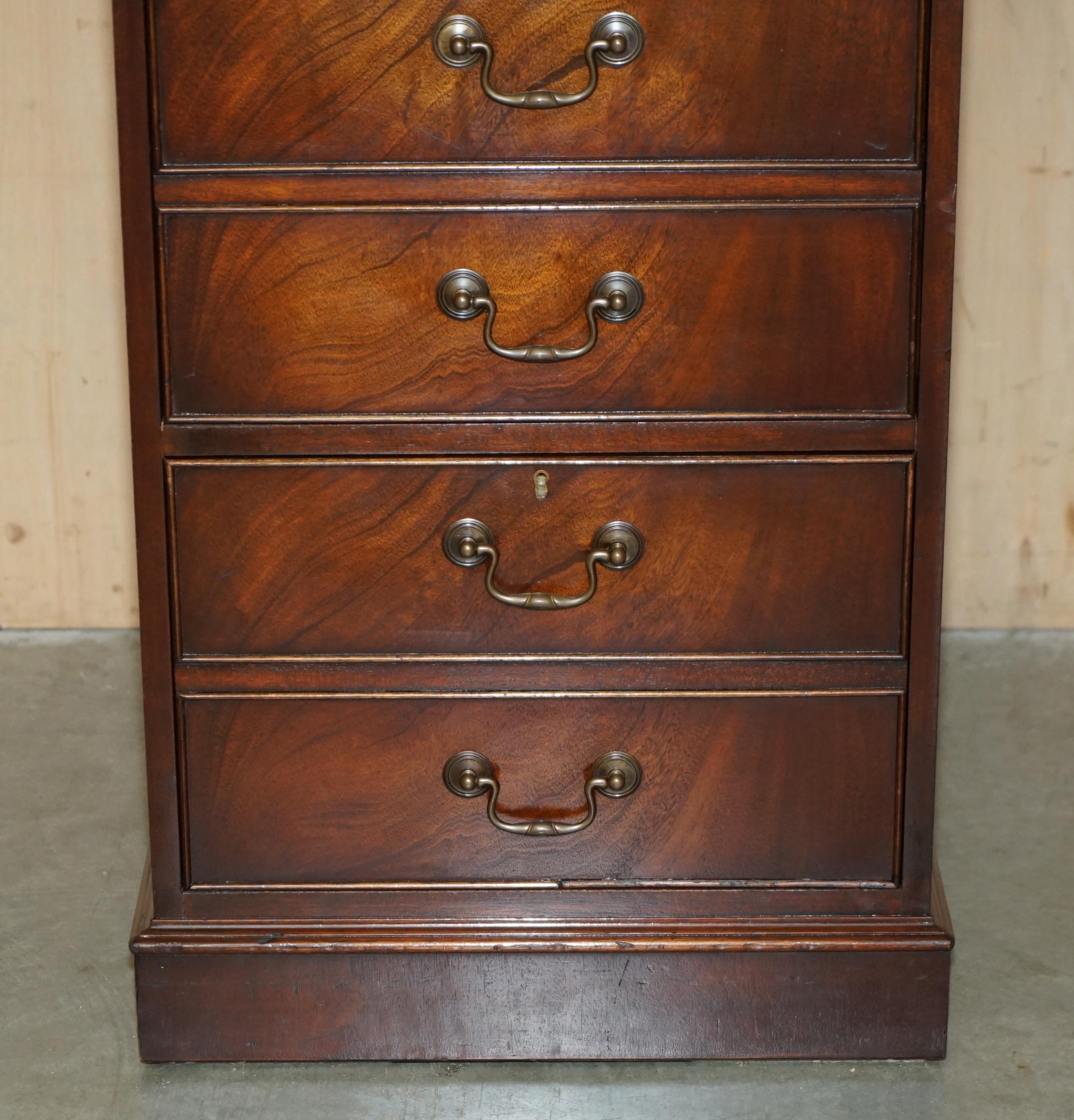 20th Century LOVELY FLAMED HARDWOOD LARGE FOUR DRAWER FILING CABiNET WITH GREEN LEATHER TOP For Sale