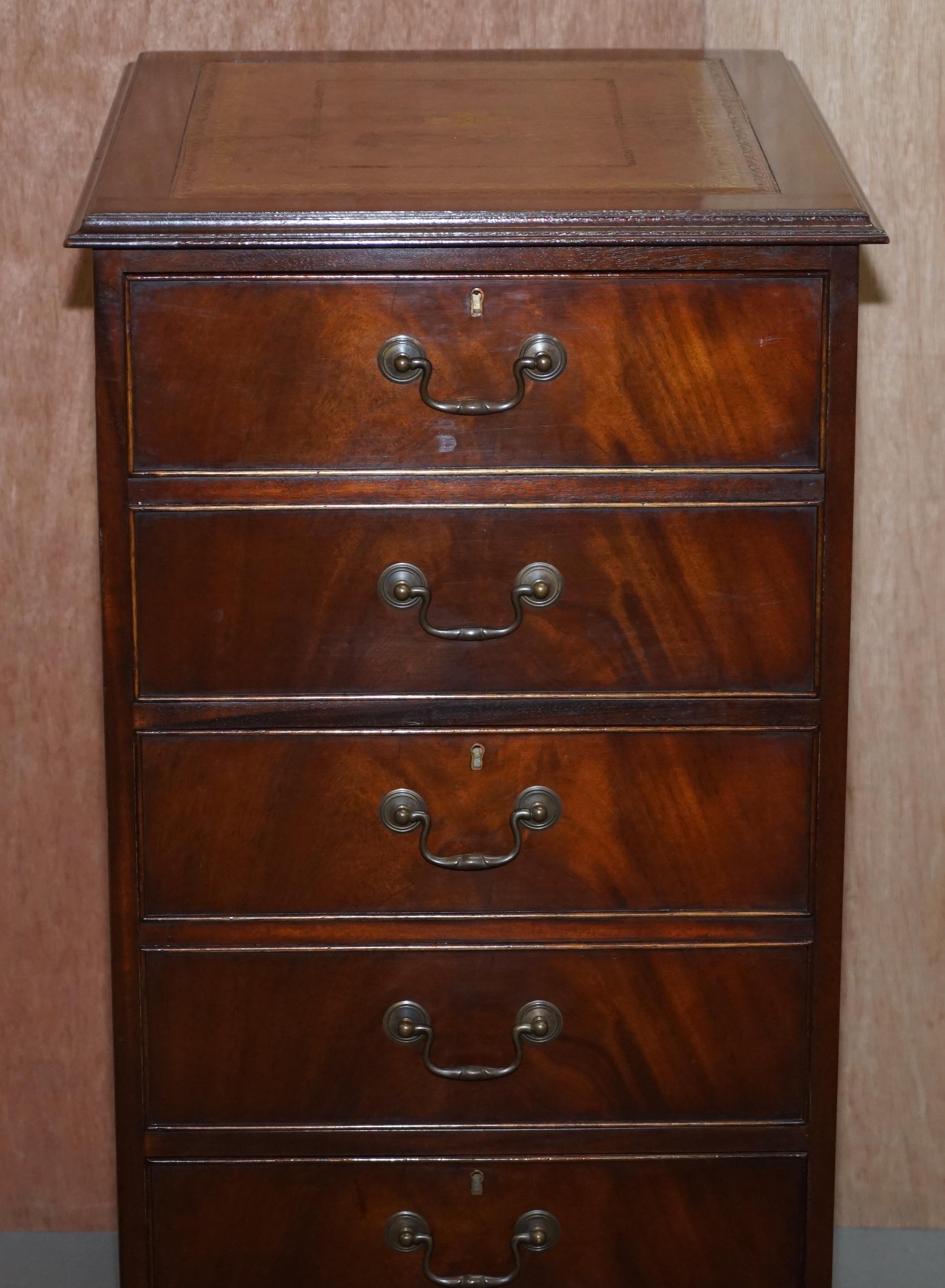 Mid-Century Modern Lovely Flamed Mahogany Large Three Drawer Filing Cabinet with Brown Leather Top