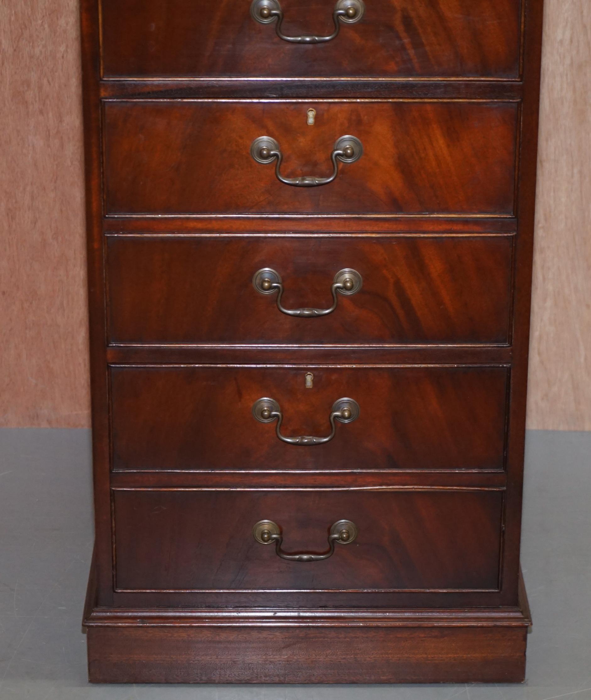 English Lovely Flamed Mahogany Large Three Drawer Filing Cabinet with Brown Leather Top