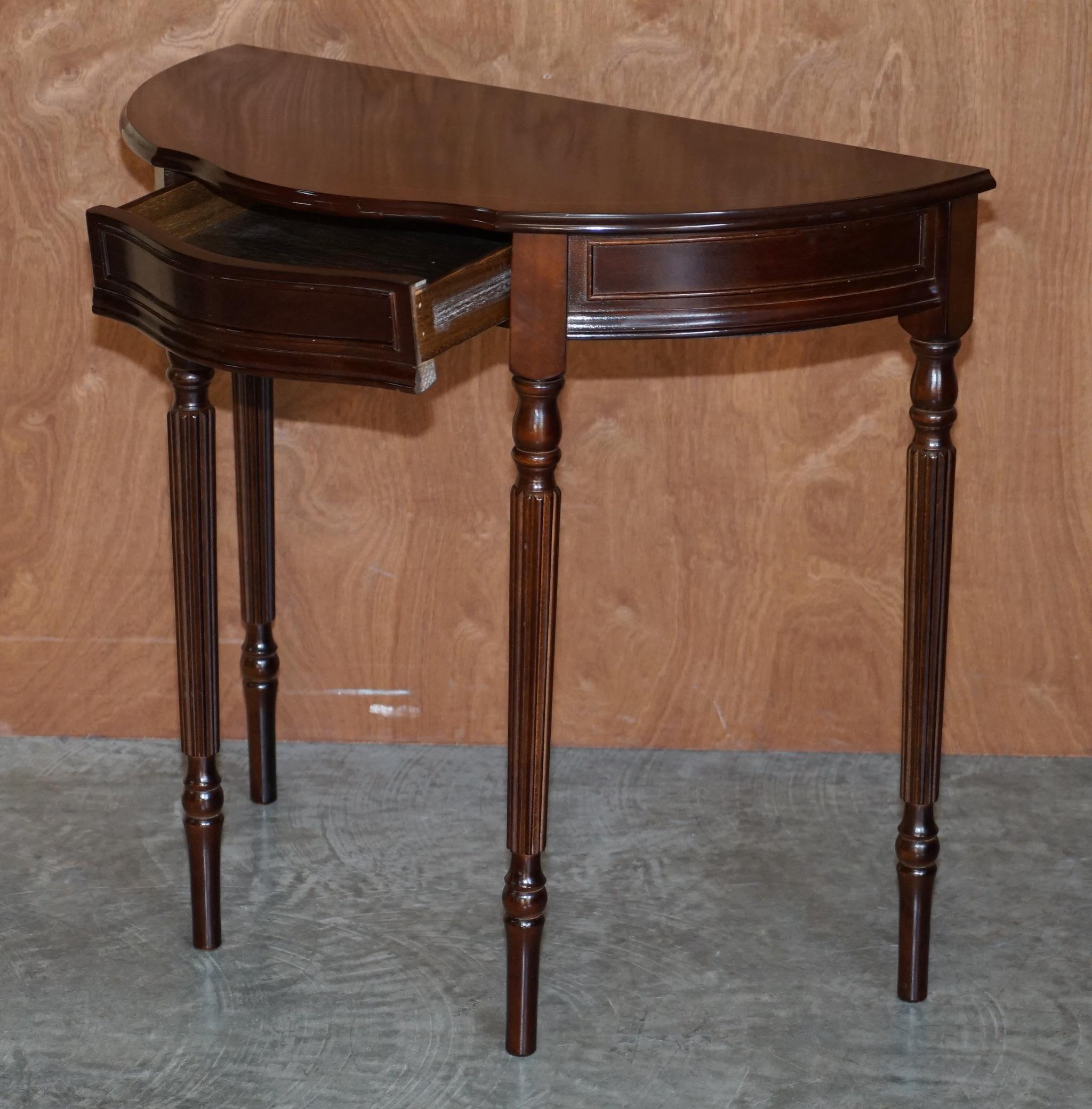Lovely Flamed Hardwood Vintage Demi Line Console Table with Single Drawer For Sale 9