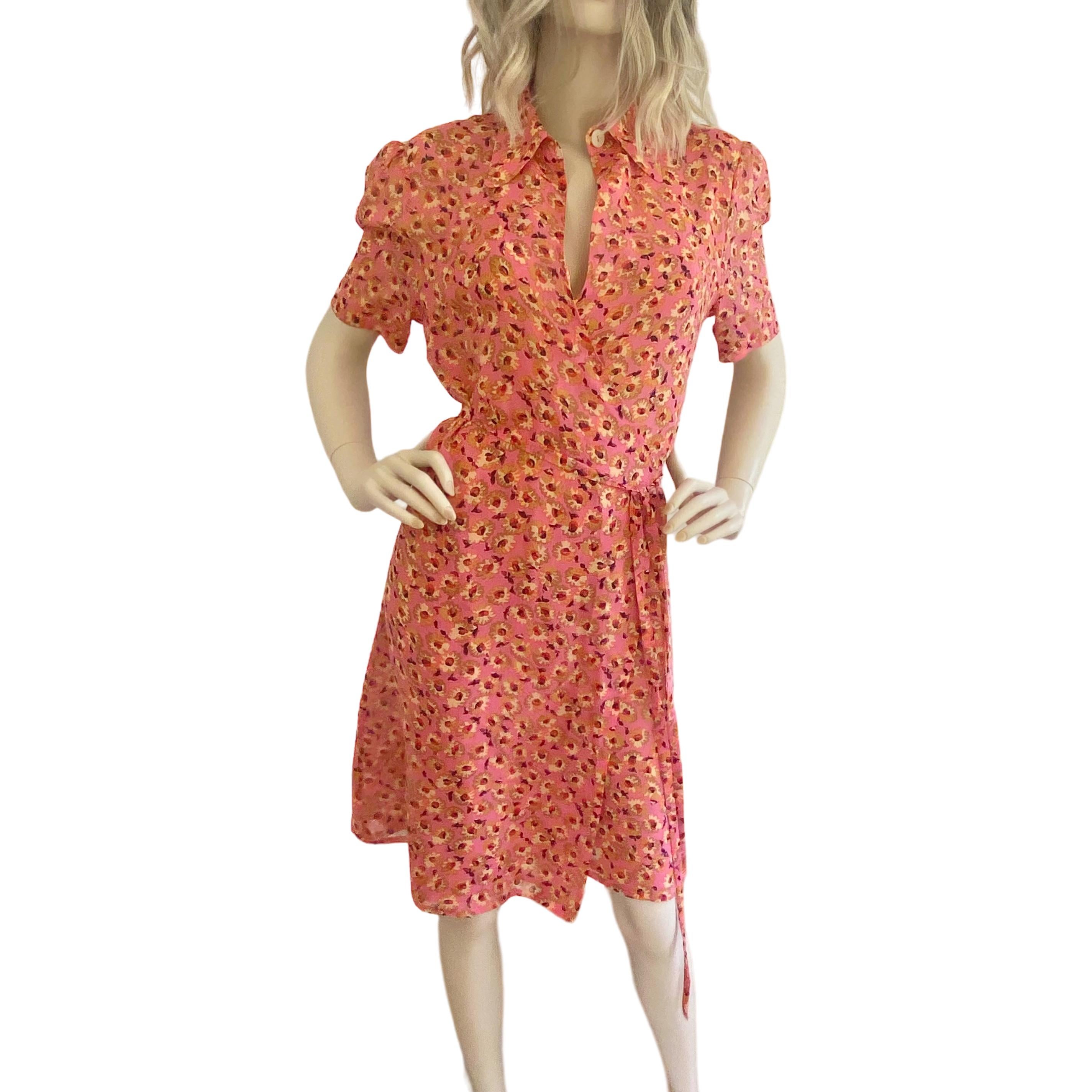 Peach Demure Floral Silk Georgette Lined Wrap Dress- Flora Kung NWT For Sale 1