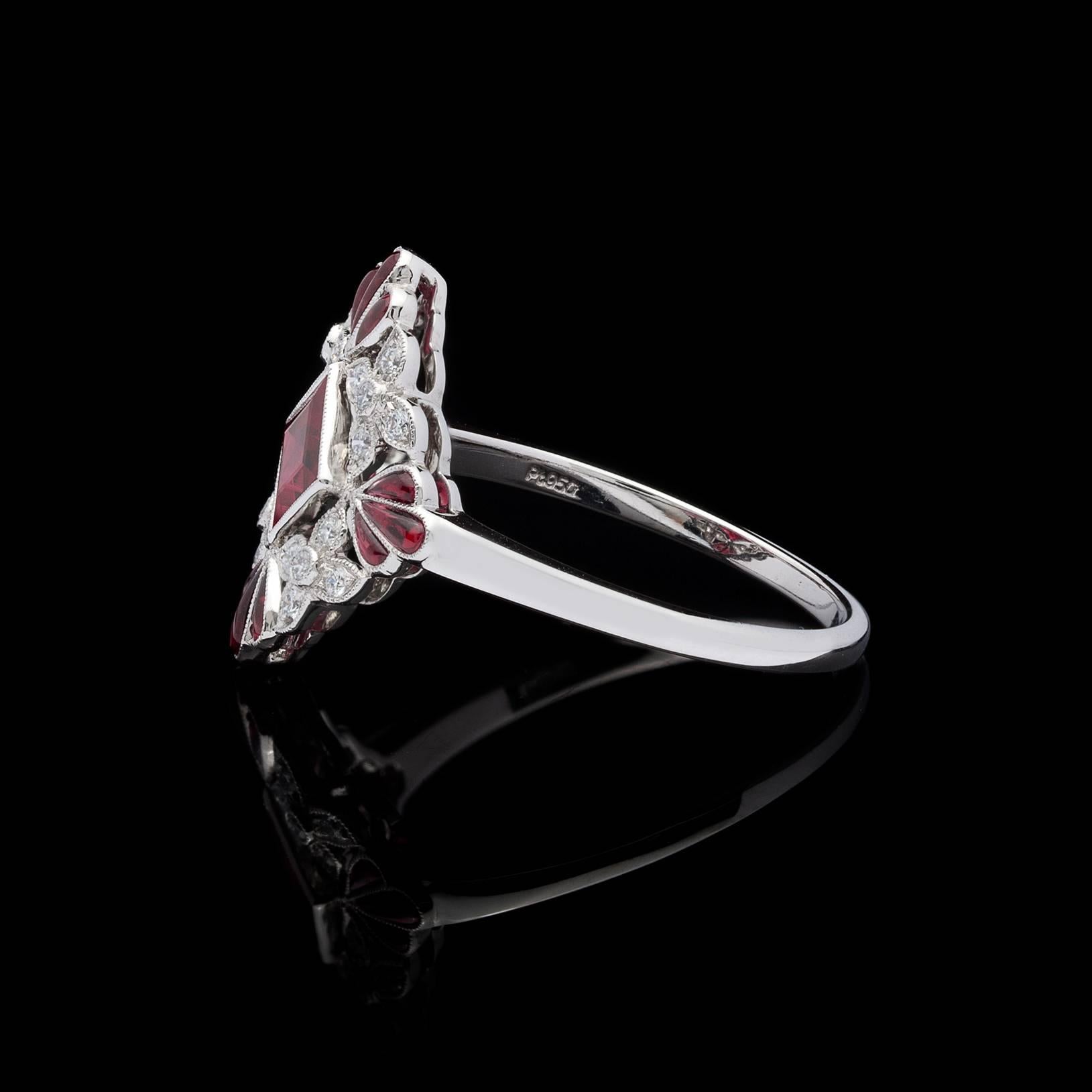 Art Deco Lovely Floral Ruby and Diamond Platinum Ring