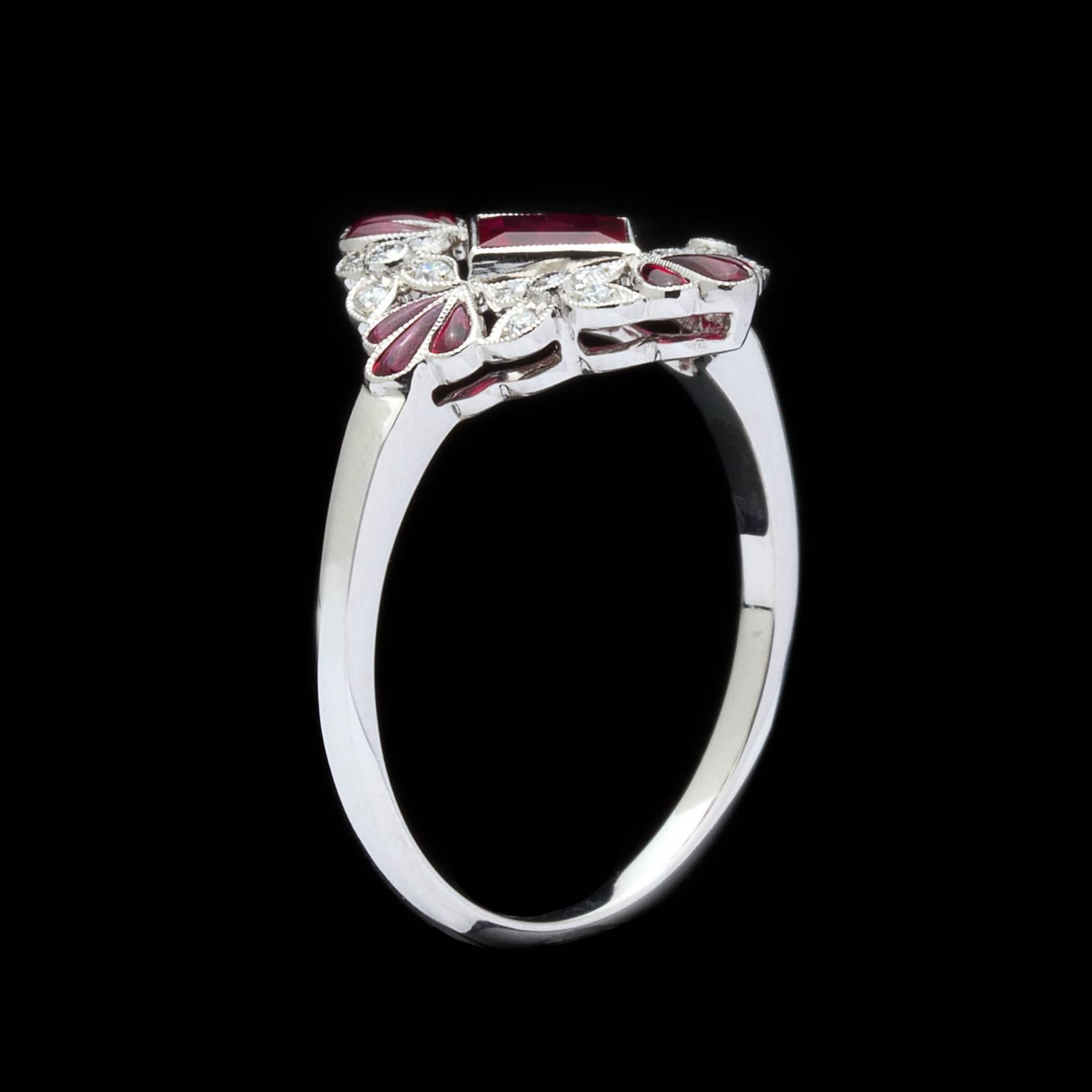 Lovely Floral Ruby and Diamond Platinum Ring In New Condition In San Francisco, CA