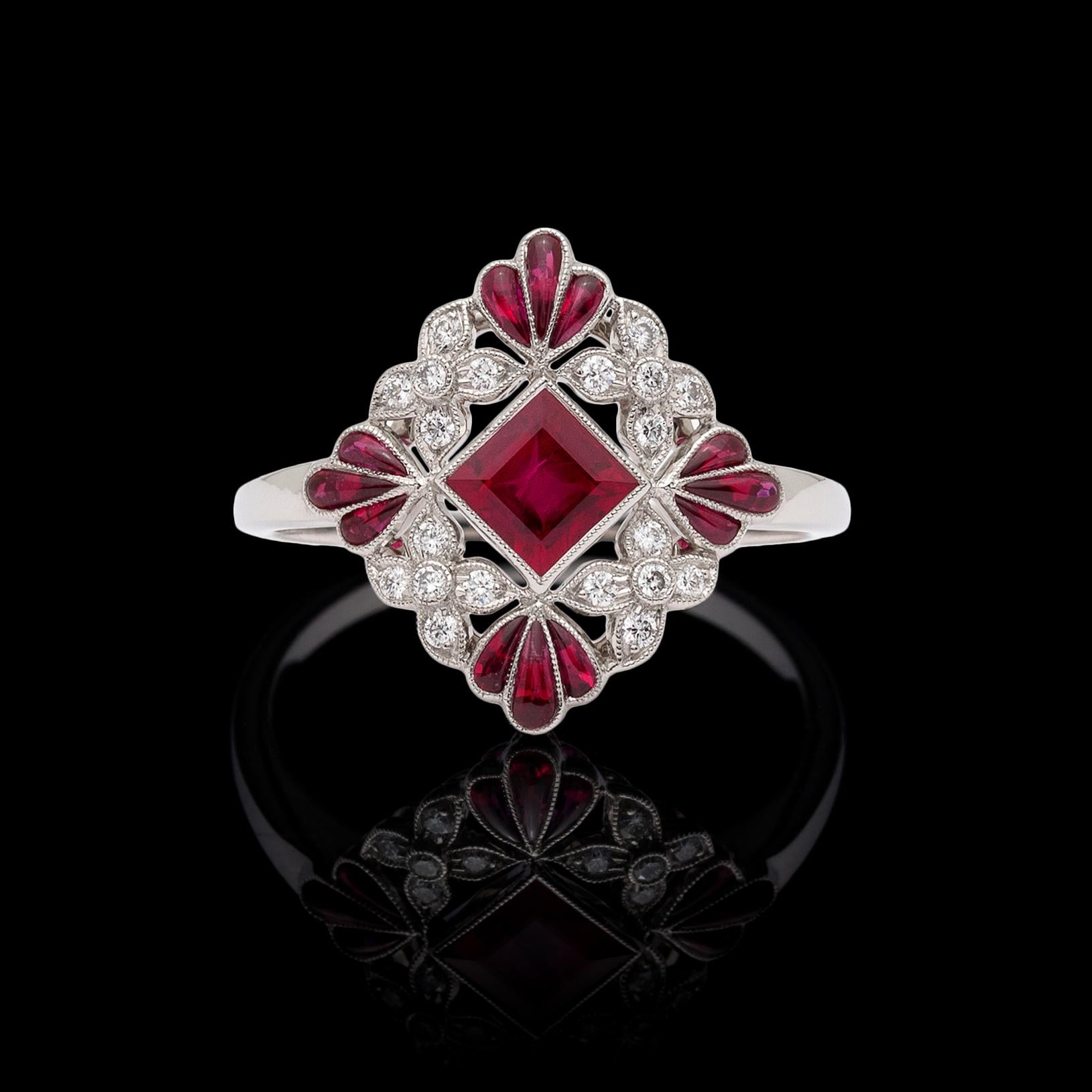 Sweet and sophisticated. Harking back to the 1920's, the platinum ring features a square-cut ruby, with floret accents of 20 round brilliant-cut diamonds, and calibre-cut buff-top ruby leaves. Totalling nearly 1.0 carat of gem weight, the rubies