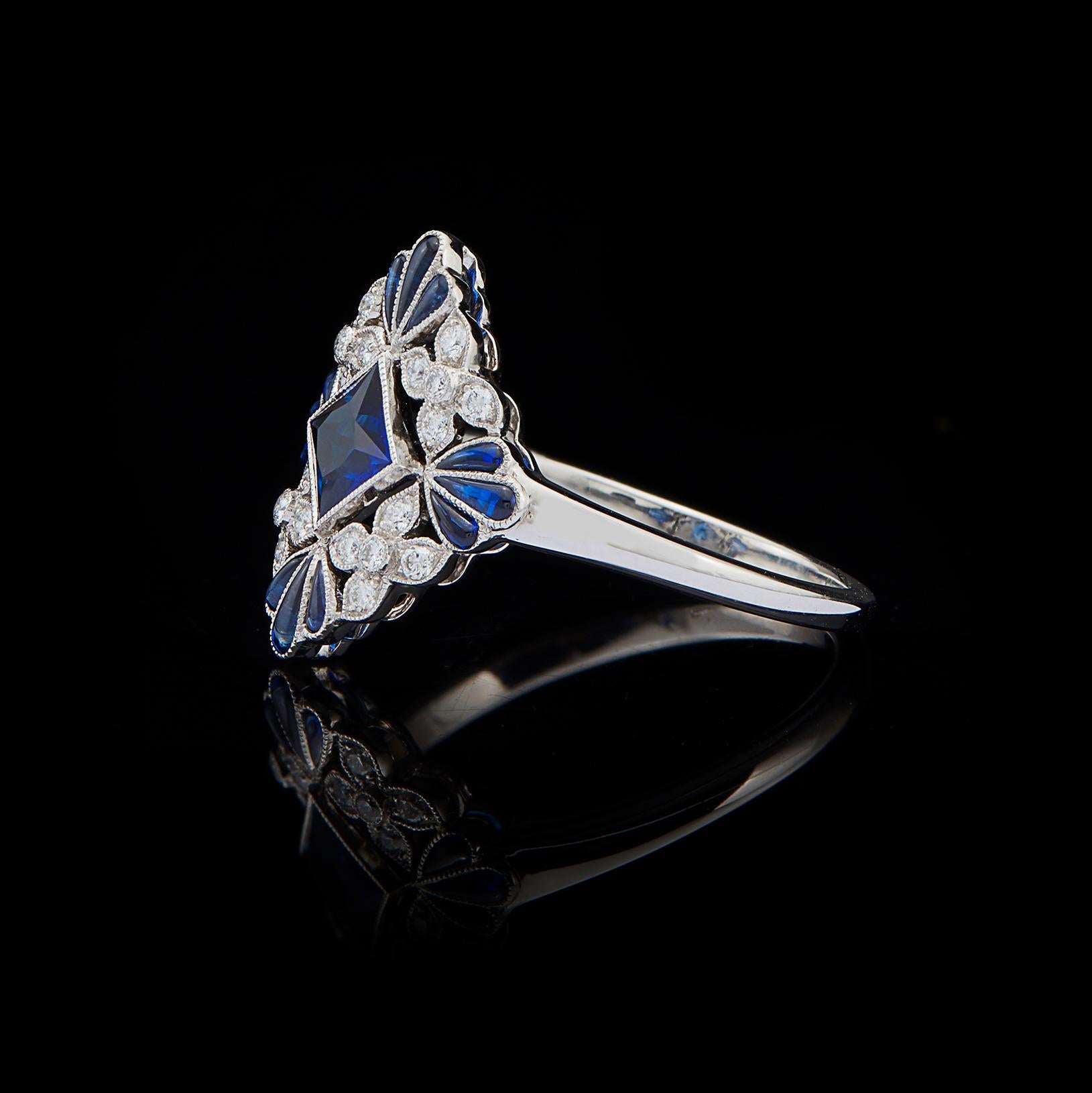 Art Deco Lovely Floral Sapphire and Diamond Platinum Ring For Sale