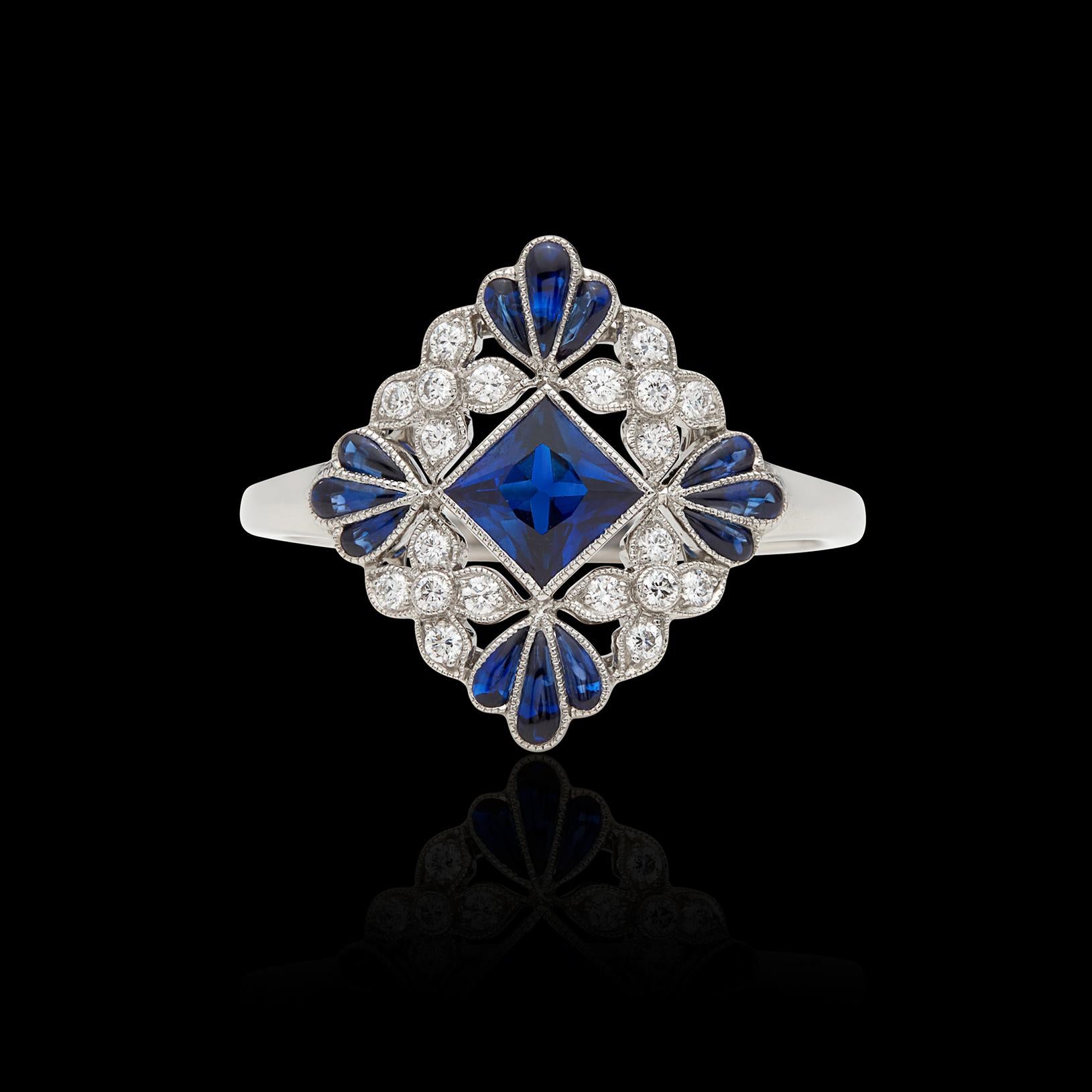 Women's Lovely Floral Sapphire and Diamond Platinum Ring For Sale