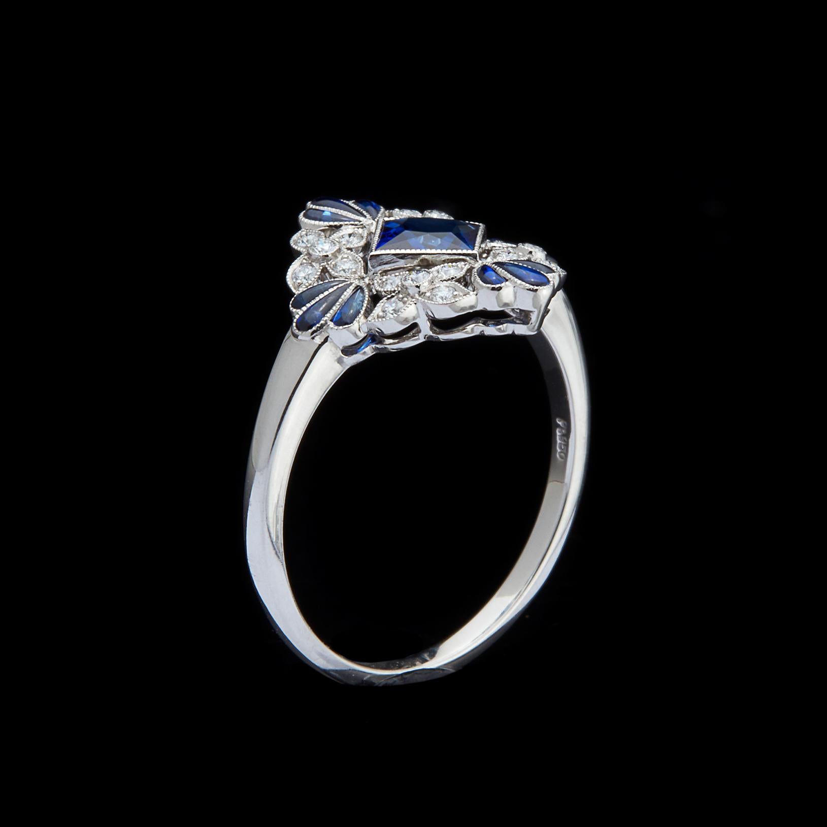 Lovely Floral Sapphire and Diamond Platinum Ring For Sale 1