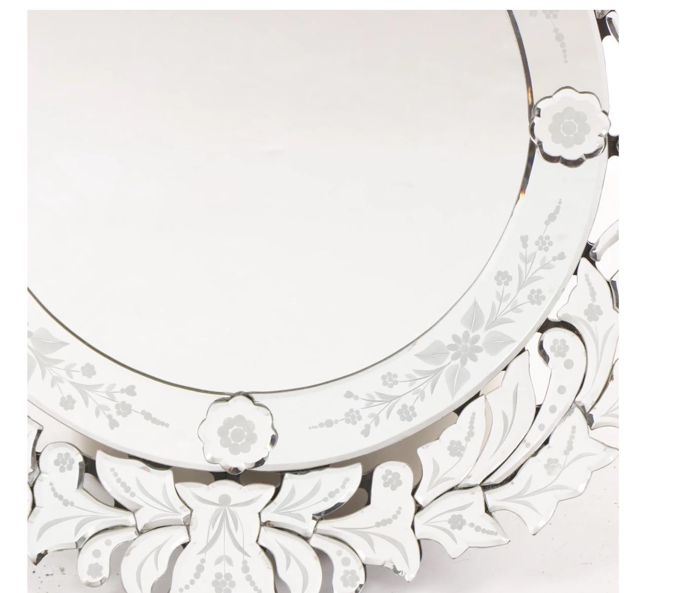 Etched Lovely Floral Venetian Style Round Mirror For Sale