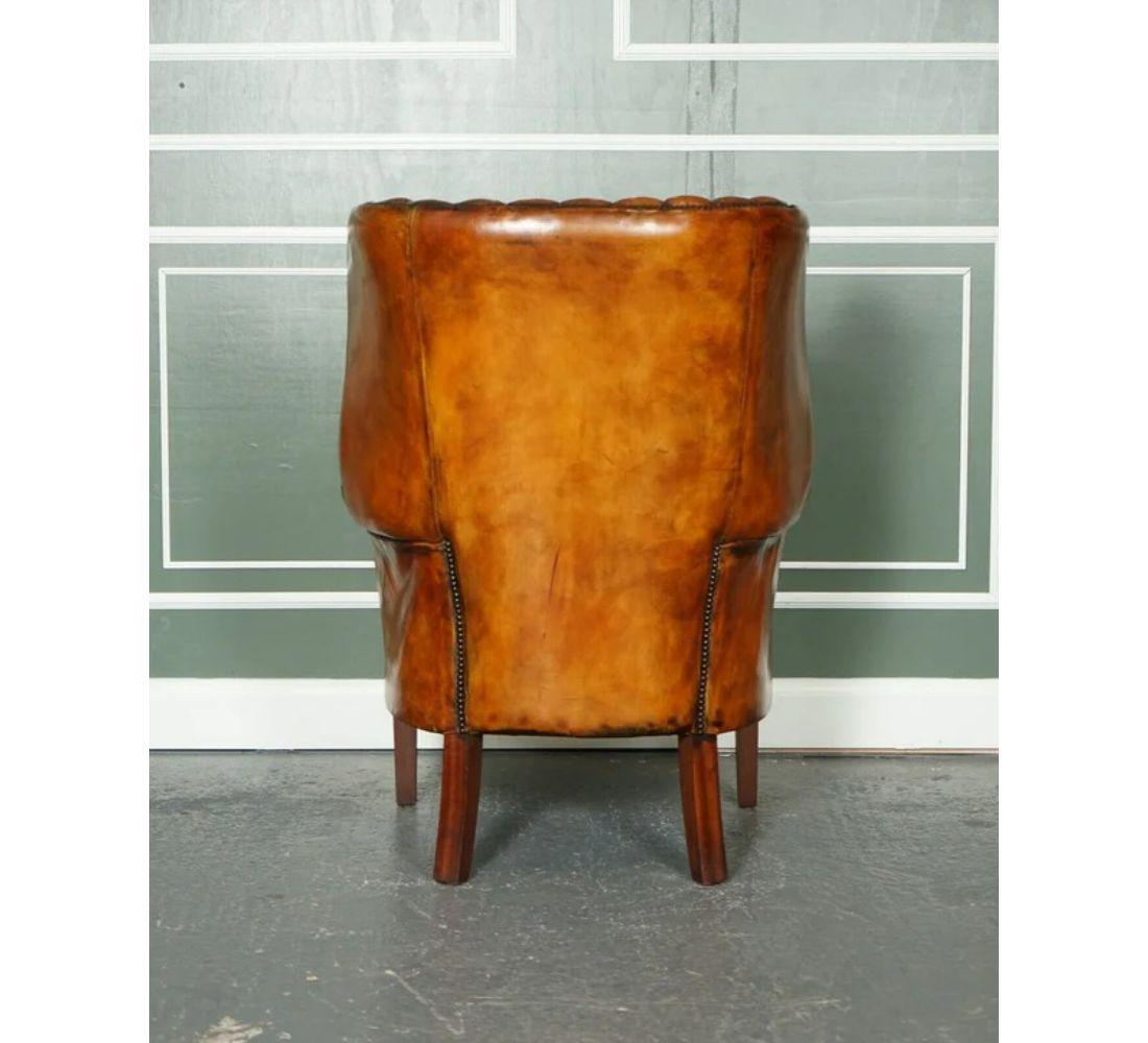 Lovely Fluted Barrel Back Hand Dyed Whiskey Brown Wingback Libary Chair 1