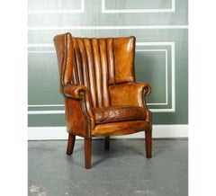 Lovely Fluted Barrel Back Hand Dyed Whiskey Brown Wingback Libary Chair