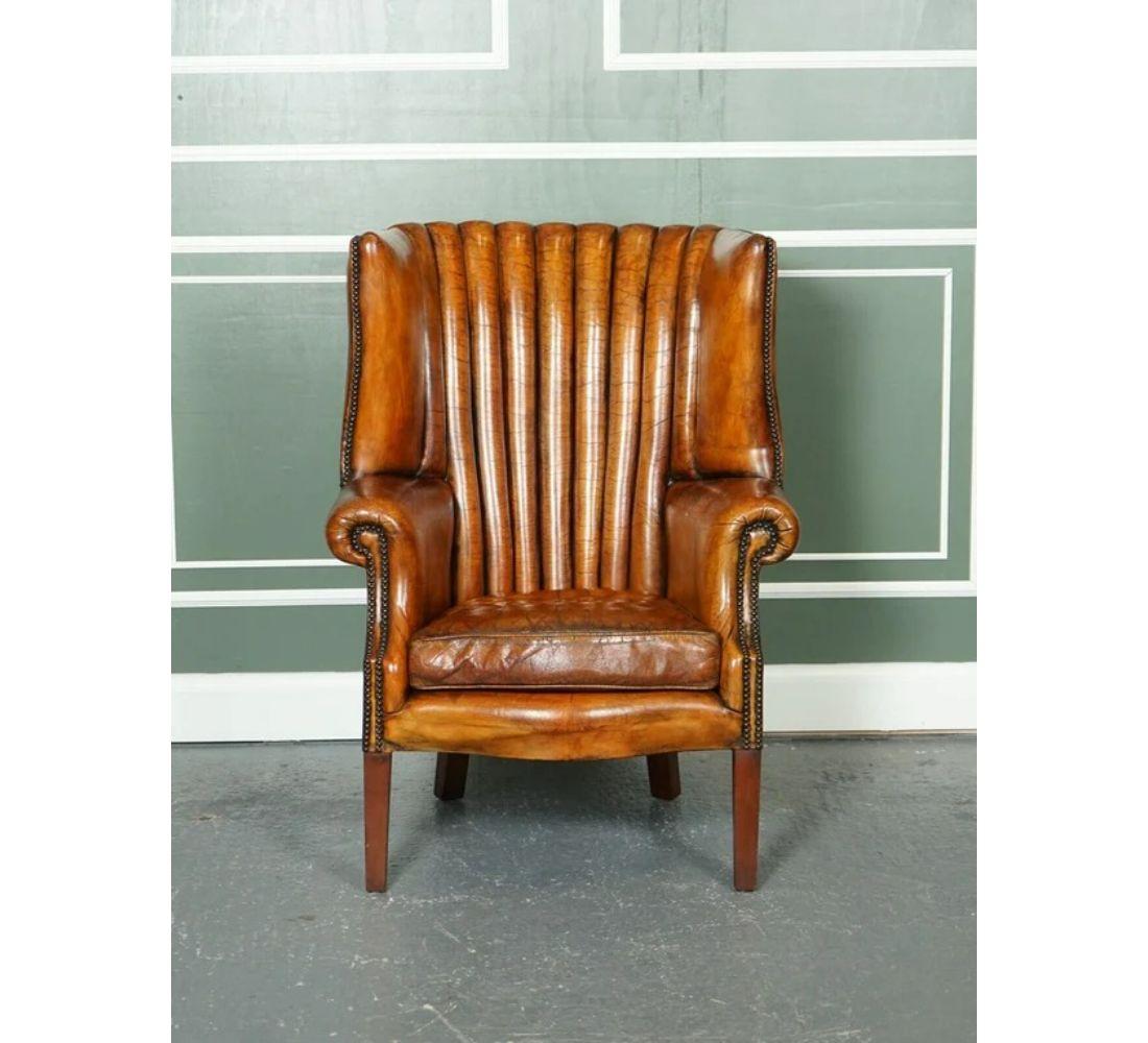 Victorian Lovely Fluted Barrel Back Hand Dyed Whiskey Brown Wingback Libary Chair