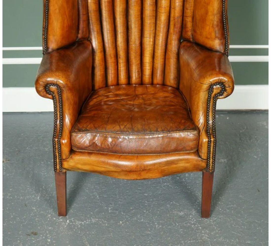 British Lovely Fluted Barrel Back Hand Dyed Whiskey Brown Wingback Libary Chair
