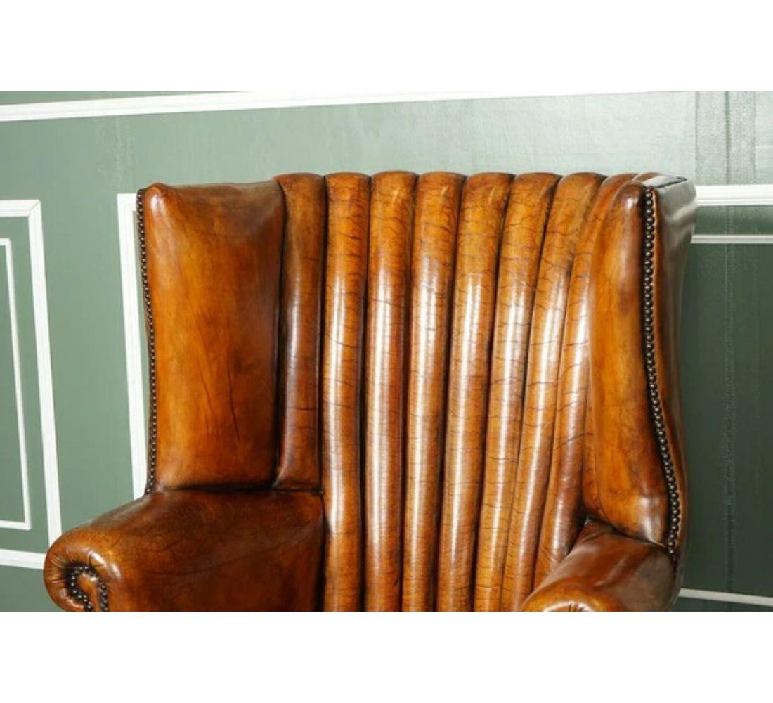 Hand-Crafted Lovely Fluted Barrel Back Hand Dyed Whiskey Brown Wingback Libary Chair