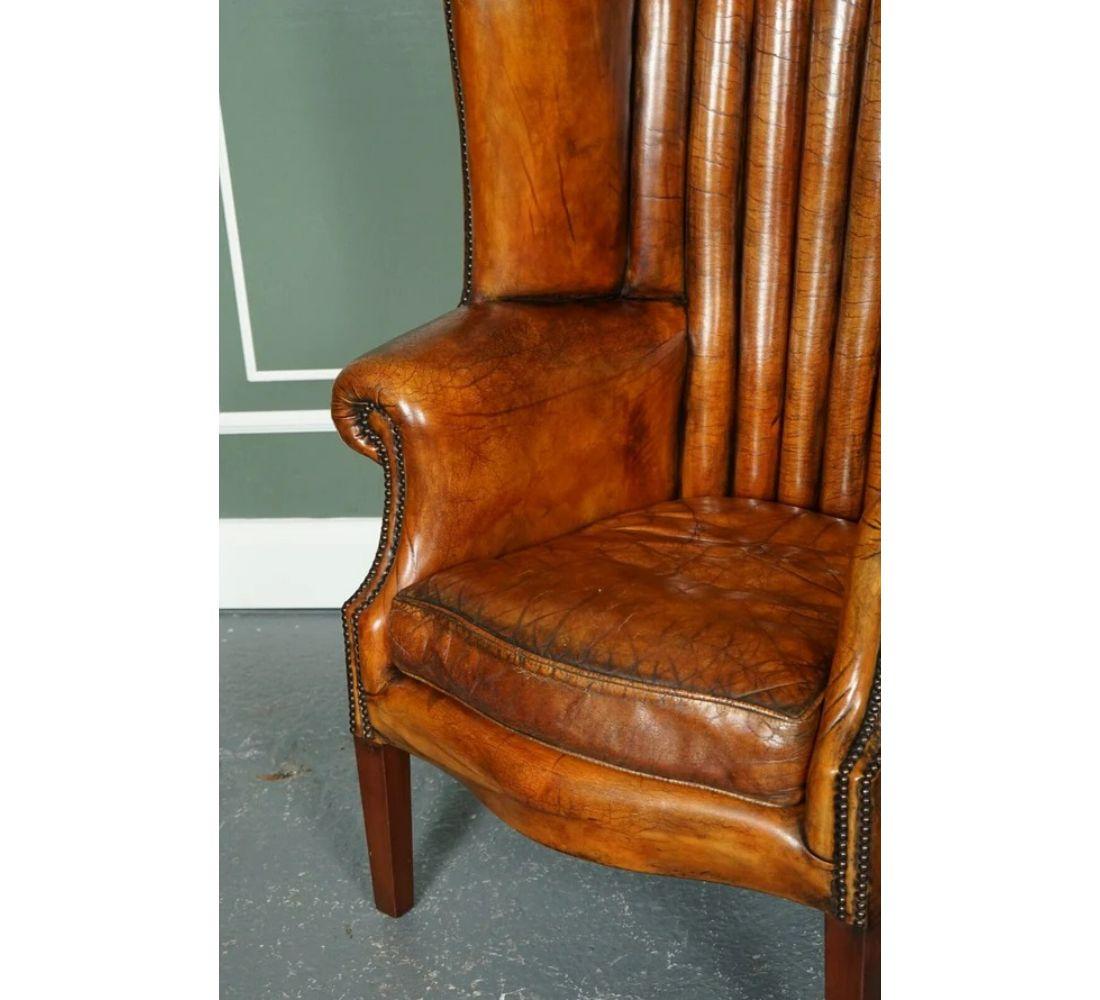 Lovely Fluted Barrel Back Hand Dyed Whiskey Brown Wingback Libary Chair In Good Condition In Pulborough, GB