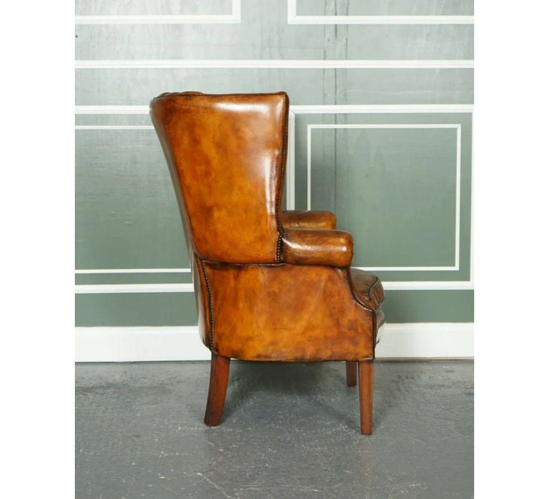 20th Century Lovely Fluted Barrel Back Hand Dyed Whiskey Brown Wingback Libary Chair