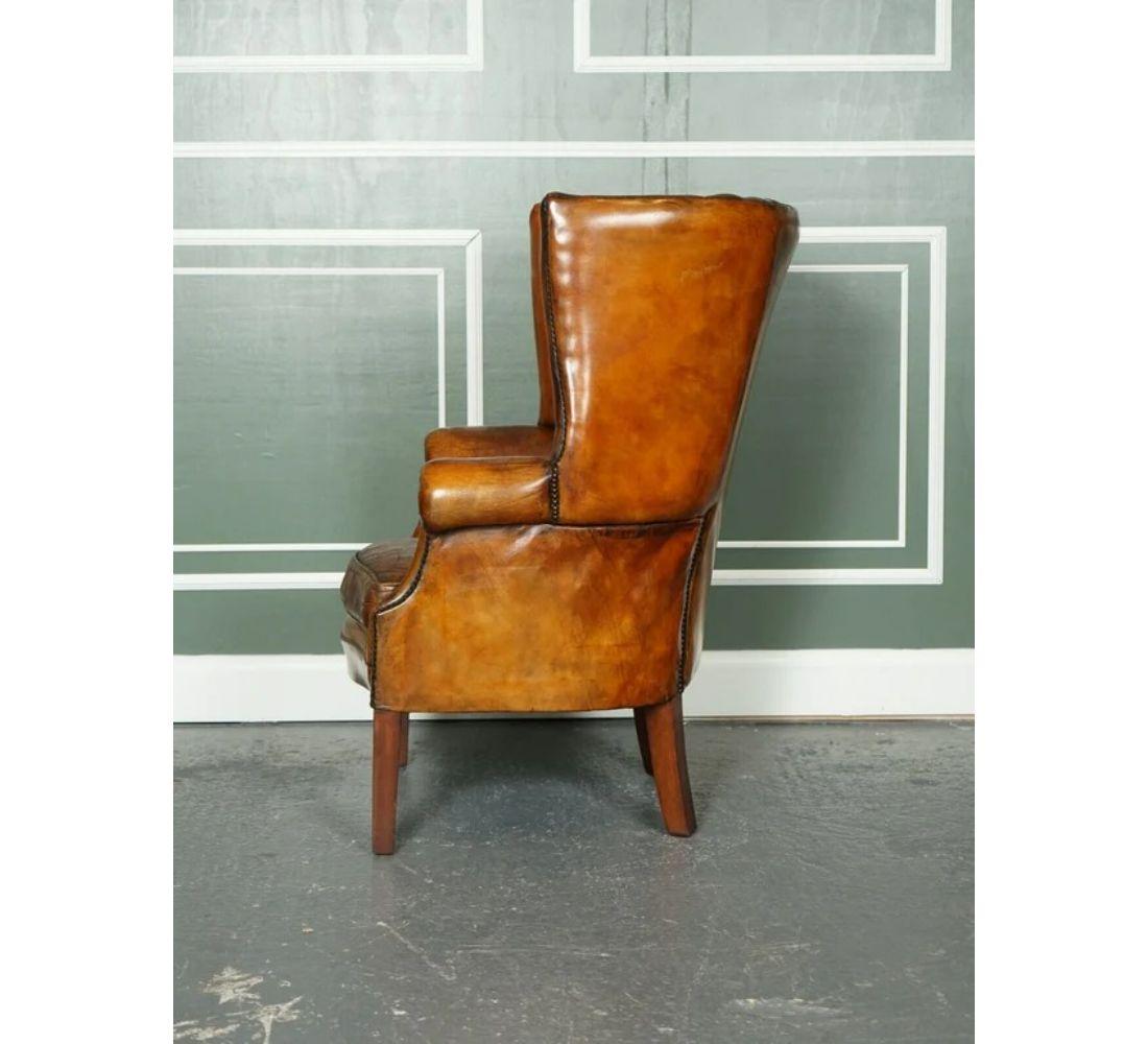 Leather Lovely Fluted Barrel Back Hand Dyed Whiskey Brown Wingback Libary Chair