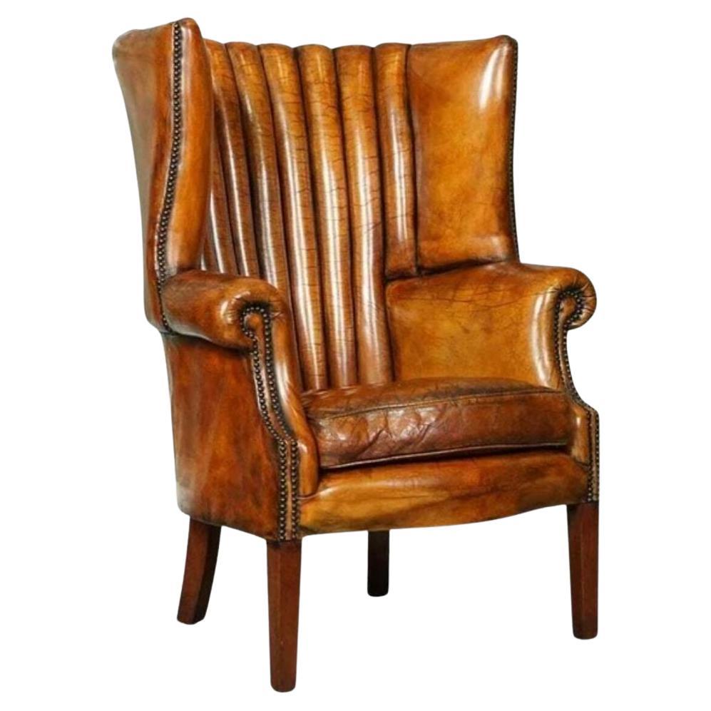 Lovely Fluted Barrel Back Hand Dyed Whiskey Brown Wingback Libary Chair