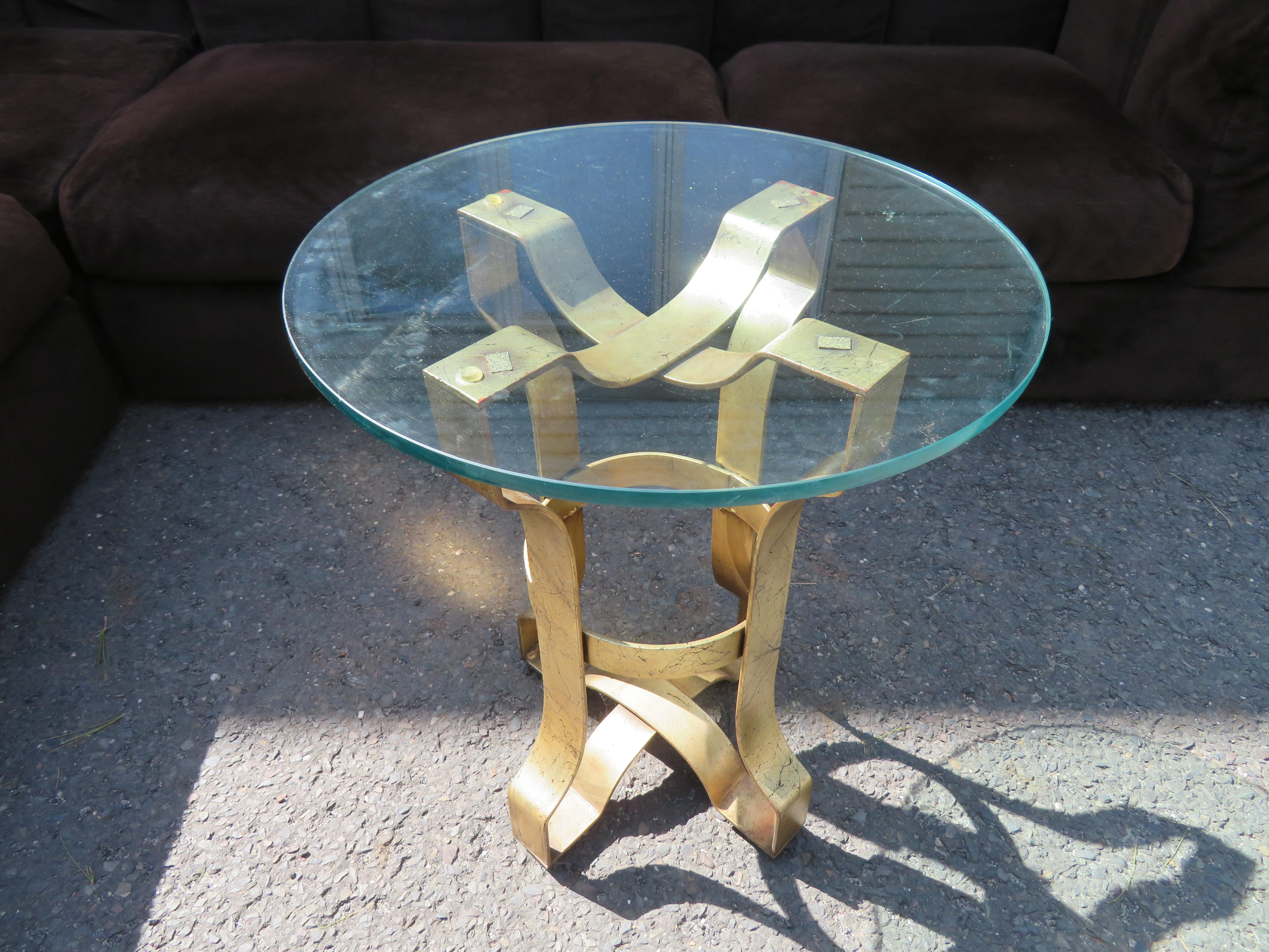 Lovely Forged Gold Gilt Iron Base Figural Scroll Glass Side Occasional Table For Sale 6