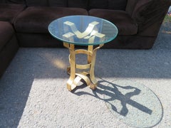 Lovely Forged Gold Gilt Iron Base Figural Scroll Glass Side Occasional Table