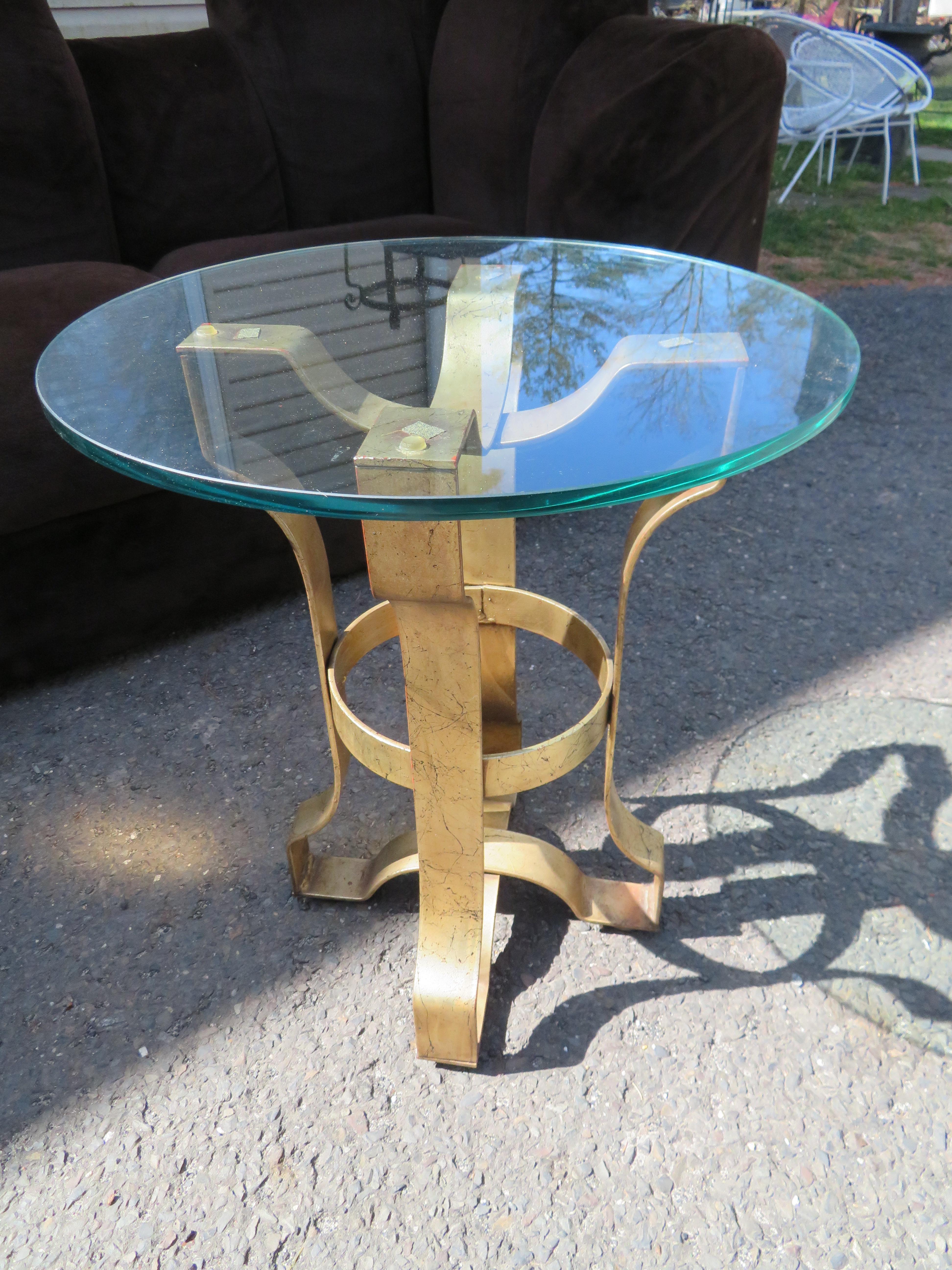 Lovely Forged Gold Gilt Iron Base Figural Scroll Glass Side Occasional Table In Good Condition For Sale In Pemberton, NJ