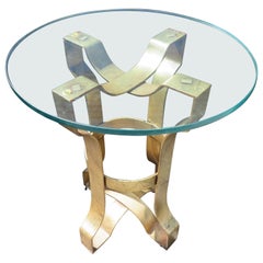 Lovely Forged Gold Gilt Iron Base Figural Scroll Glass Side Occasional Table