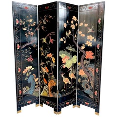 Lovely Four Panel Midcentury Chinese Lacquered Screen with Birds and Foliage