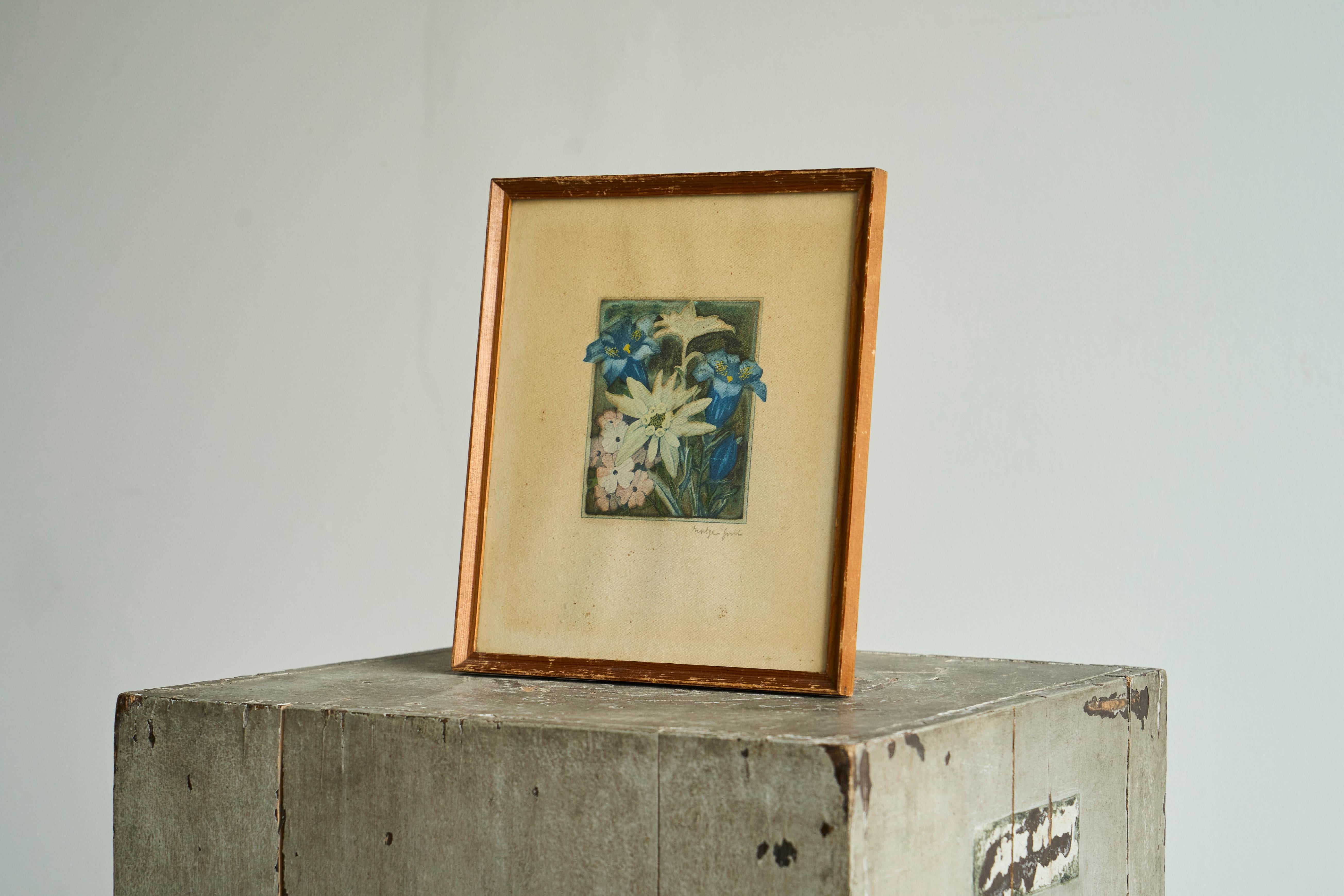 Wunderschön gerahmte 'Edelweiß'-Lithographie aus dem frühen 20. (Holz) im Angebot