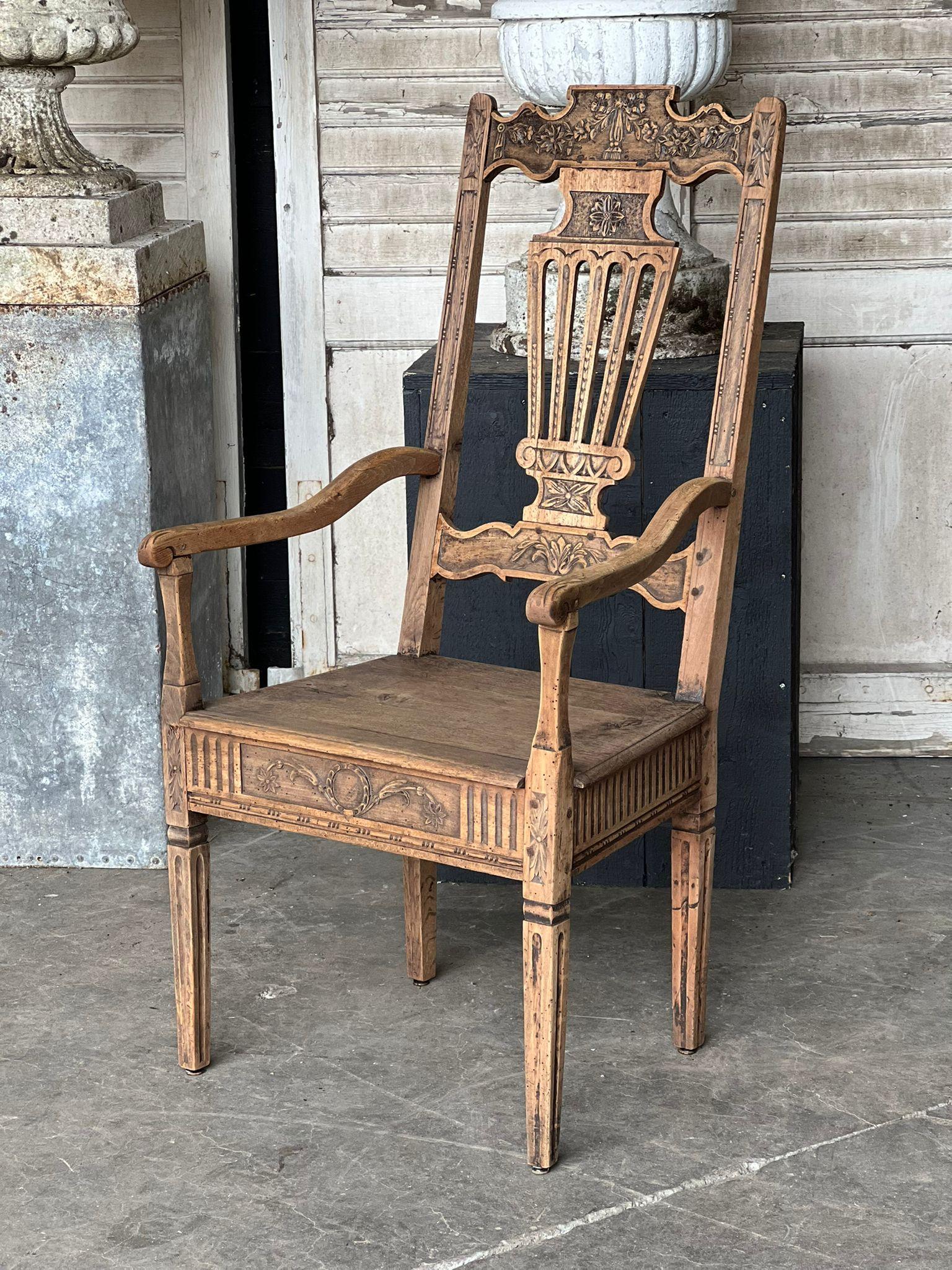 A lovely early French armchair. Dating to the early 19th century and made from Oak which we have bleached for a lighter look. Great pegged construction and carved decoration. The chair is strong and sturdy and a nice look.
This rare chair is in