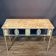 Lovely French Balcony Console Table with Marble Top & Gold Figural Wrought Iron
