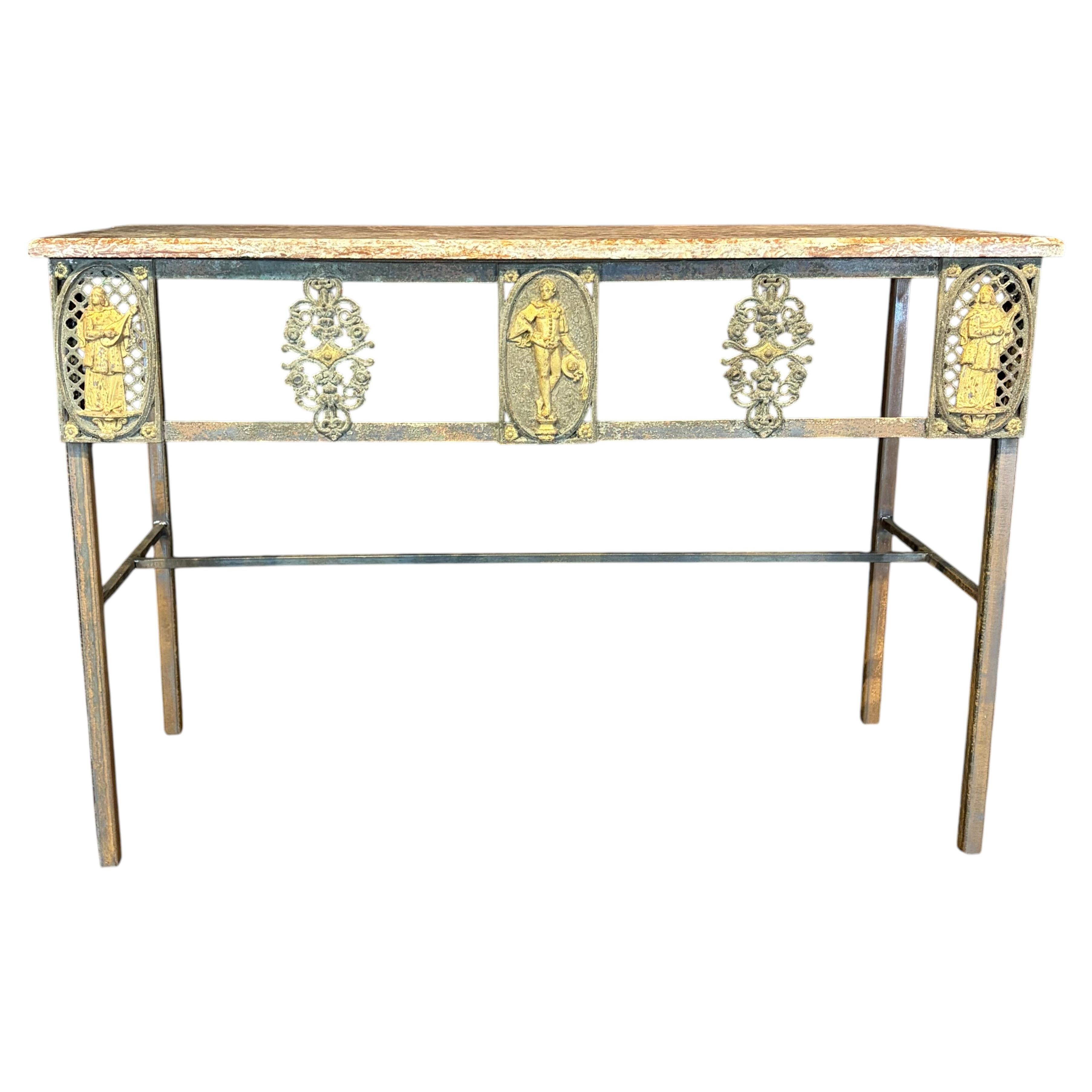 Lovely French Balcony Console Table with Marble Top & Gold Figural Wrought Iron