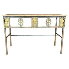 Lovely French Balcony Console Table with Marble Top & Gold Figural Wrought Iron