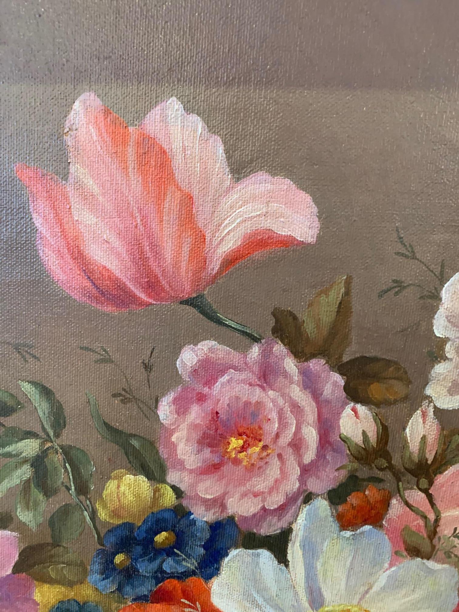 Precioso bodegón floral francés pintado sobre lienzo por Corbe Lienzo en venta