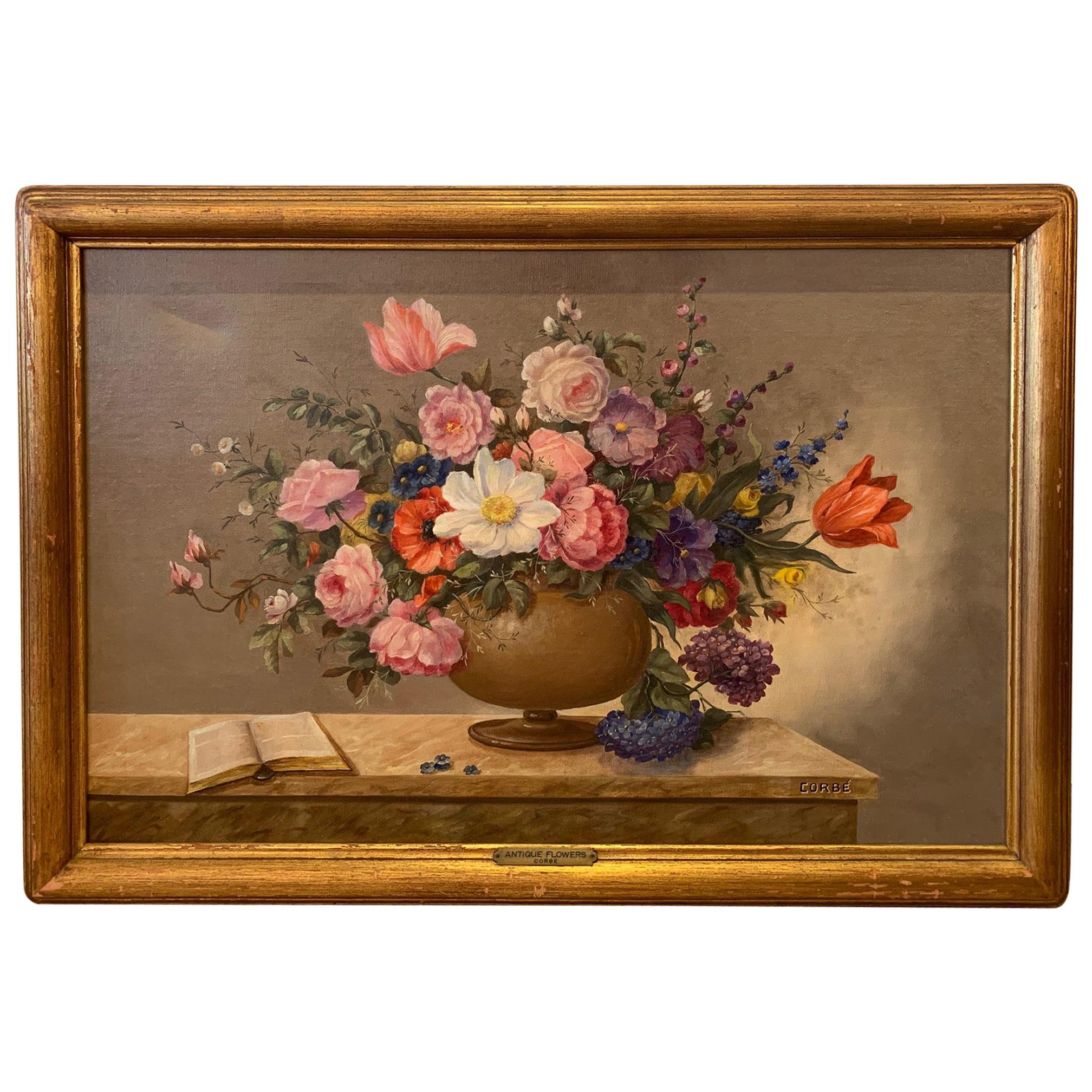 Lovely French Floral Still Life Painting on Canvas by Corbe