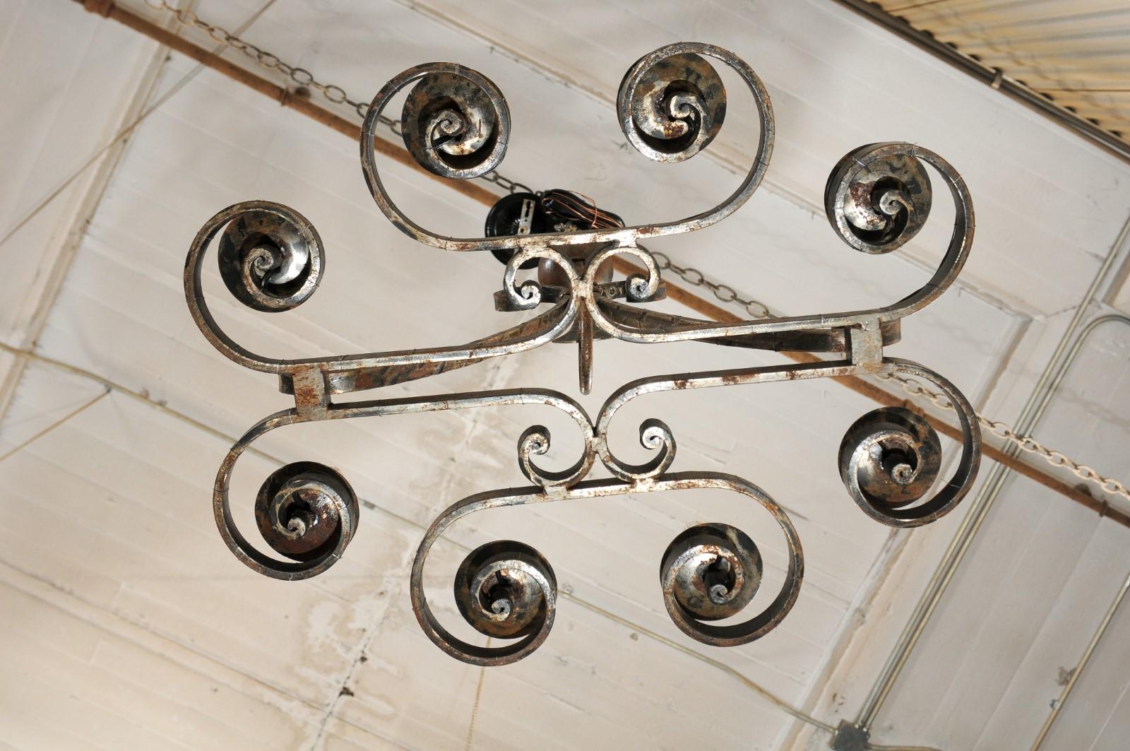 Lovely French Midcentury Forged-Iron Chandelier with C-Scrolls For Sale 6