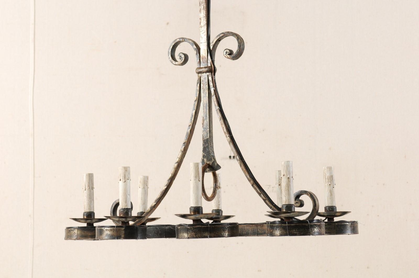 Lovely French Midcentury Forged-Iron Chandelier with C-Scrolls In Good Condition For Sale In Atlanta, GA