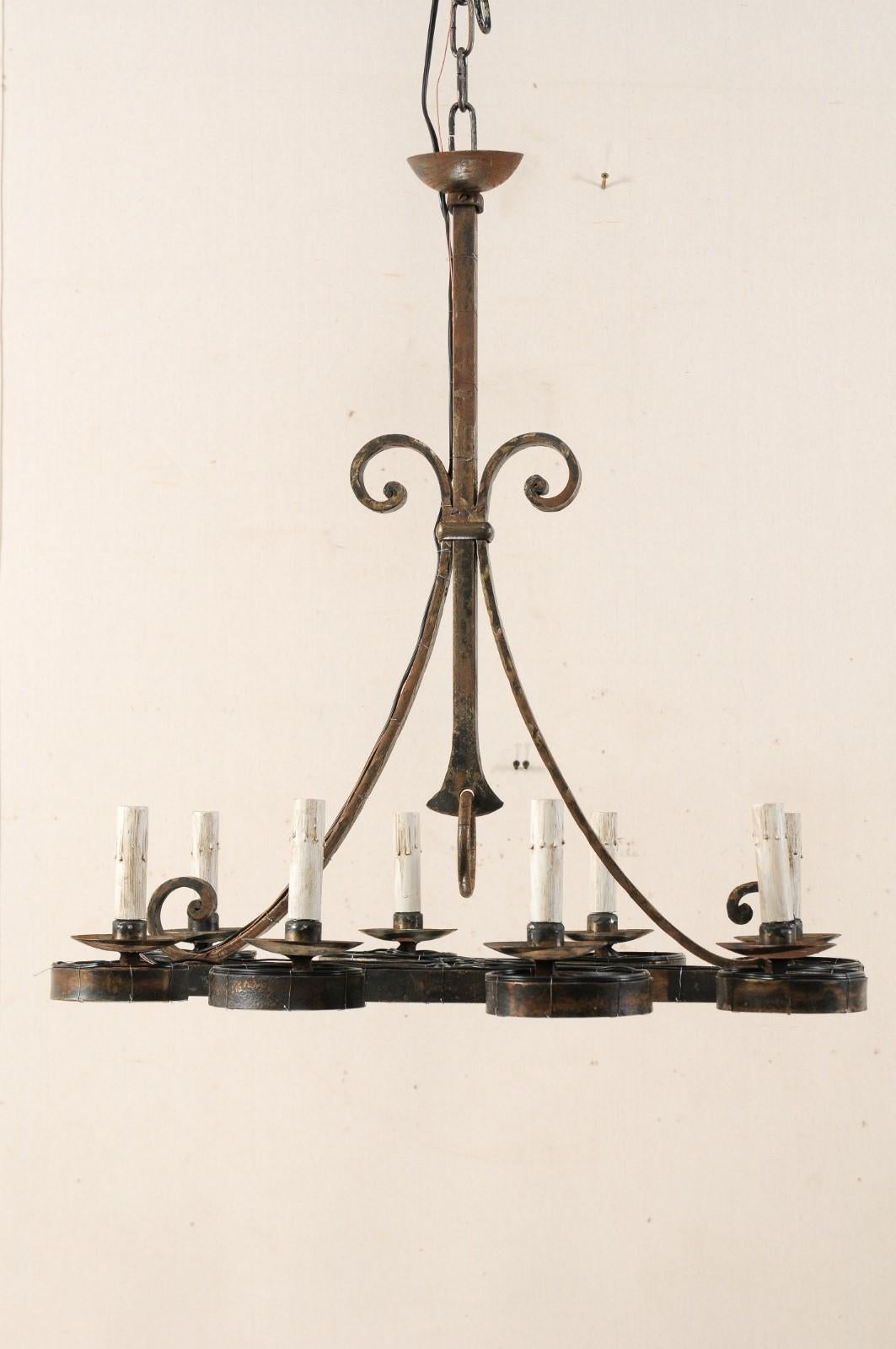 20th Century Lovely French Midcentury Forged-Iron Chandelier with C-Scrolls For Sale
