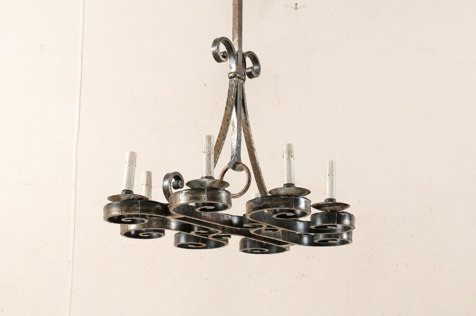 Lovely French Midcentury Forged-Iron Chandelier with C-Scrolls For Sale 1