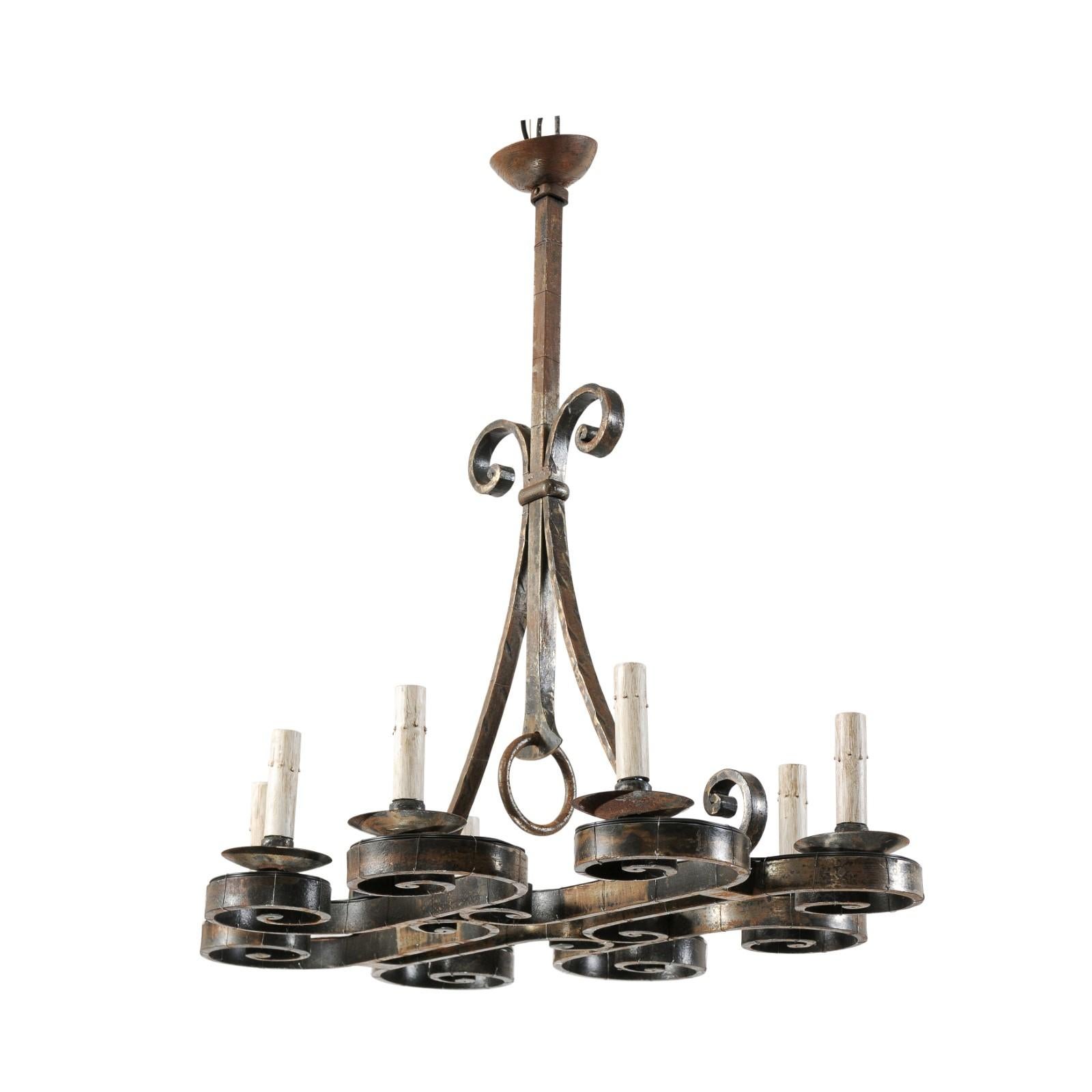 Lovely French Midcentury Forged-Iron Chandelier with C-Scrolls For Sale