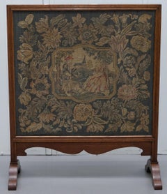 Lovely French Napoleon III Oak Fire Screen with Embroidered Scene Courting Pair