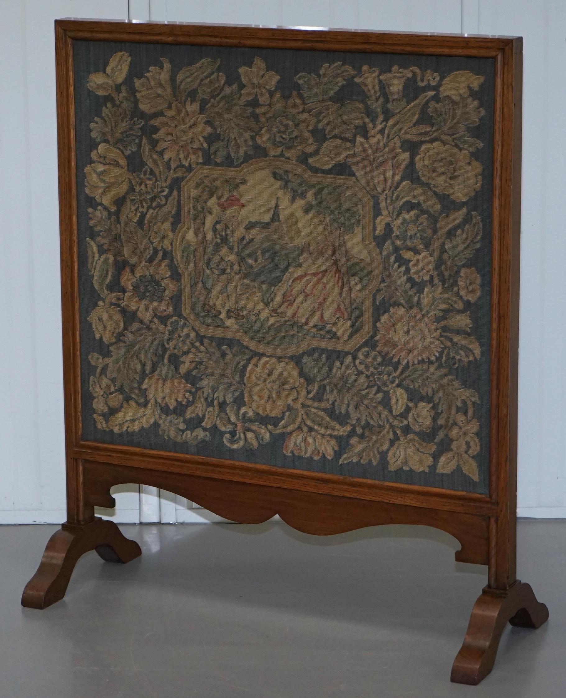 Hand-Crafted Lovely French Napoleon III Oak Fire Screen with Embroidered Scene Courting Pair