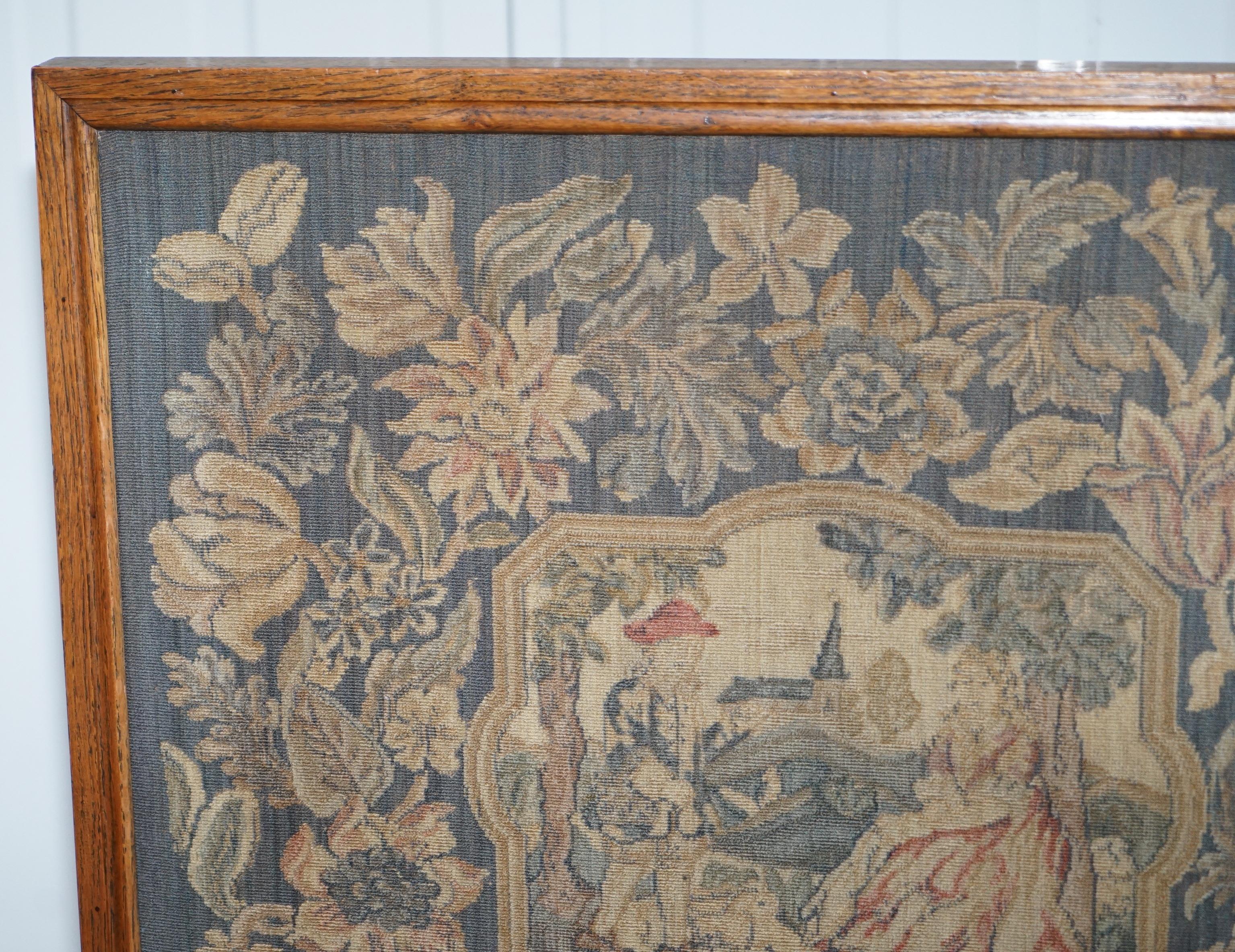 20th Century Lovely French Napoleon III Oak Fire Screen with Embroidered Scene Courting Pair