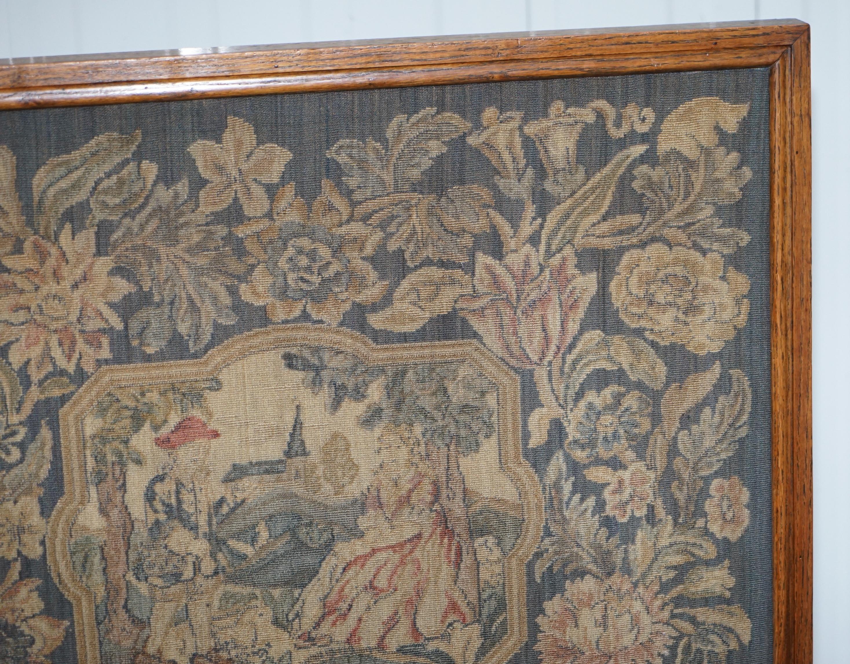 Lovely French Napoleon III Oak Fire Screen with Embroidered Scene Courting Pair 1