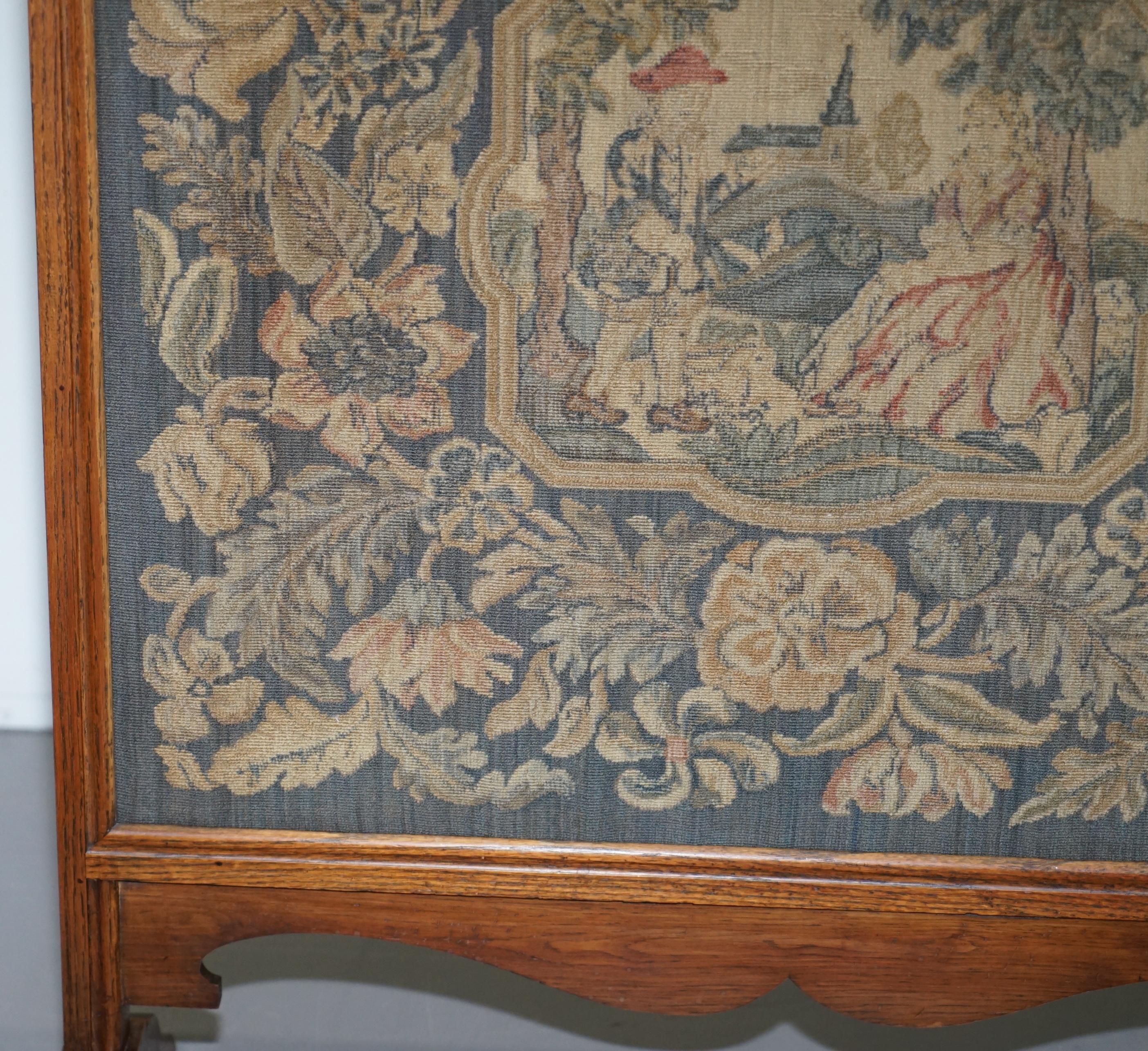 Lovely French Napoleon III Oak Fire Screen with Embroidered Scene Courting Pair 2