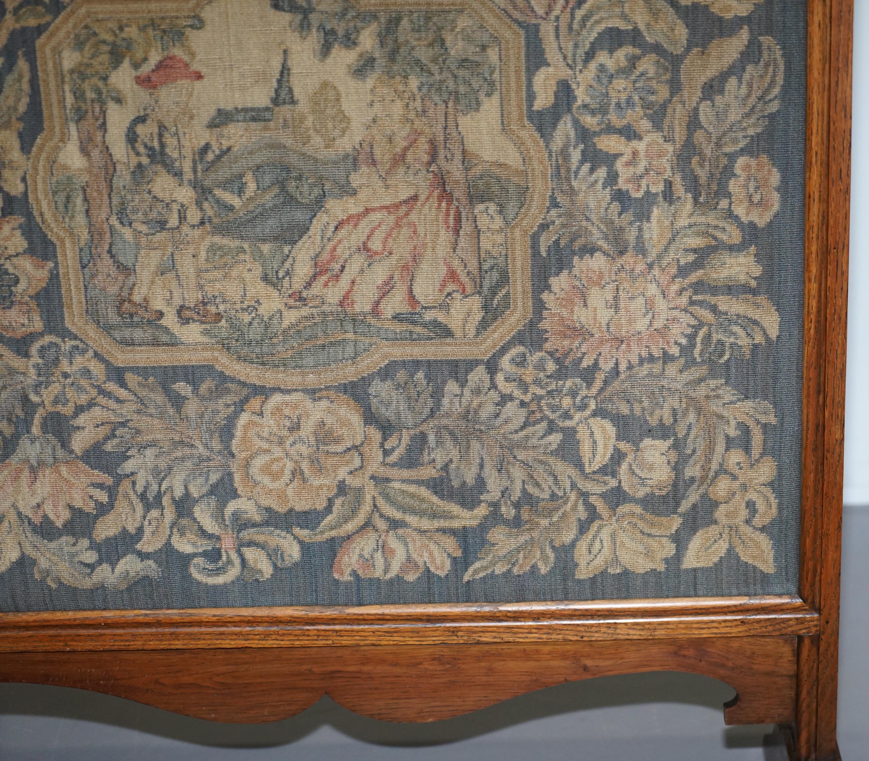 Lovely French Napoleon III Oak Fire Screen with Embroidered Scene Courting Pair 3